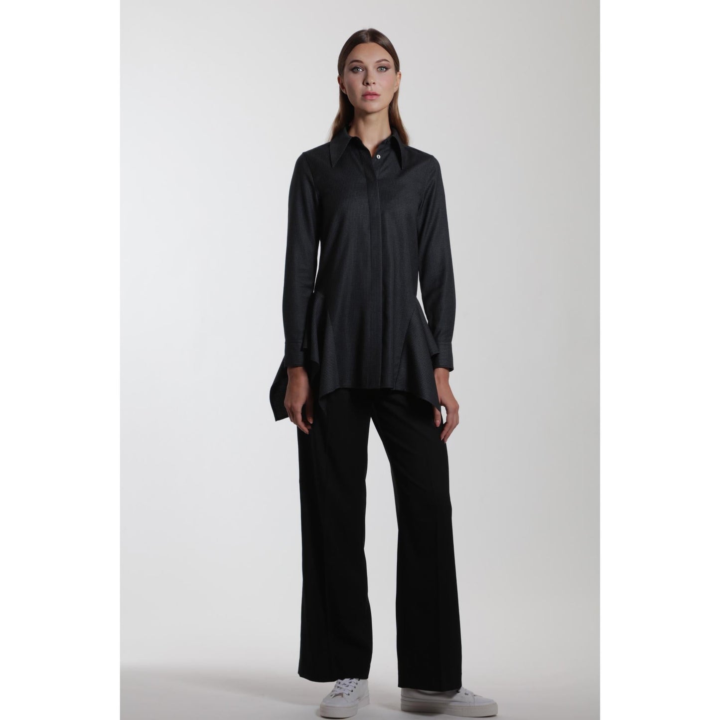 Women Tulle Blouse - Button-Up Blouse With A Side Drapes - Black/Grey