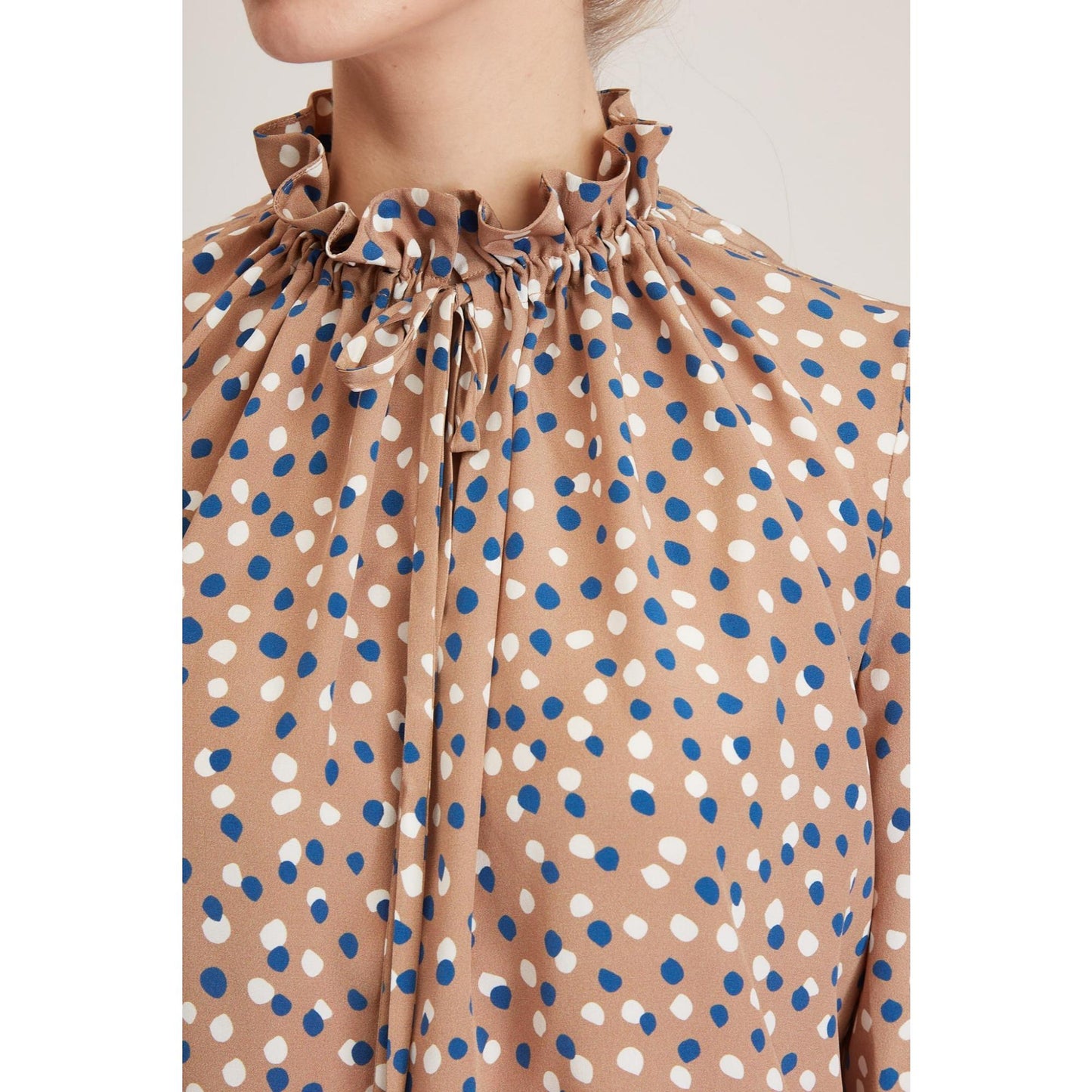 Women Leeds Blouse - Gathered Neckline, Silk Blousein Beige Print