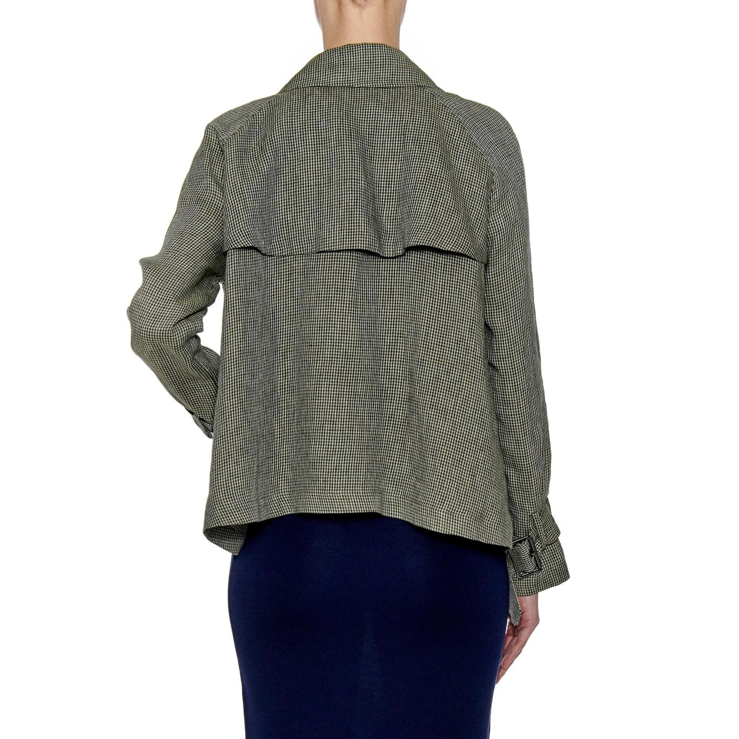 Women Alicante Coat - Short Ultra Light Trench Linen Jacket in Green Houndstooth