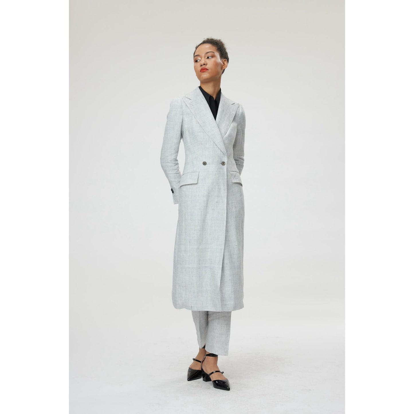 Women Palermo Coat - Double Breasted Long Suit Jacket in Grey