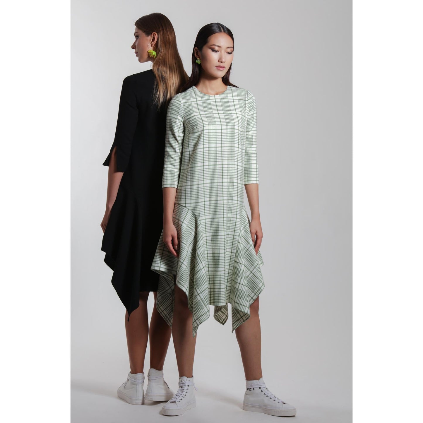 Women Dijon Dress - Shift Dress With Handkerchief Hem - Green check