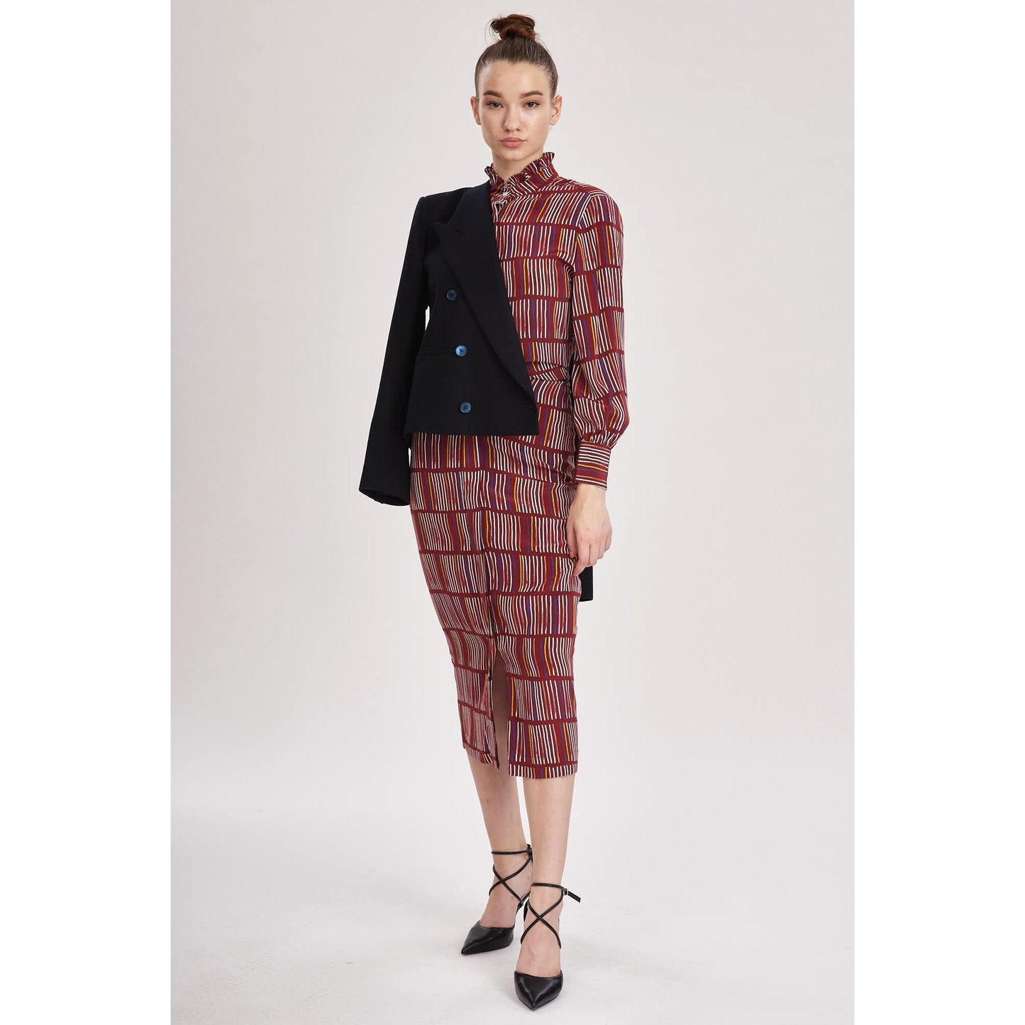 Women Cardiff Dress - Printed Midi Shirt Dress in Red Wine Silk Crepe De Chine