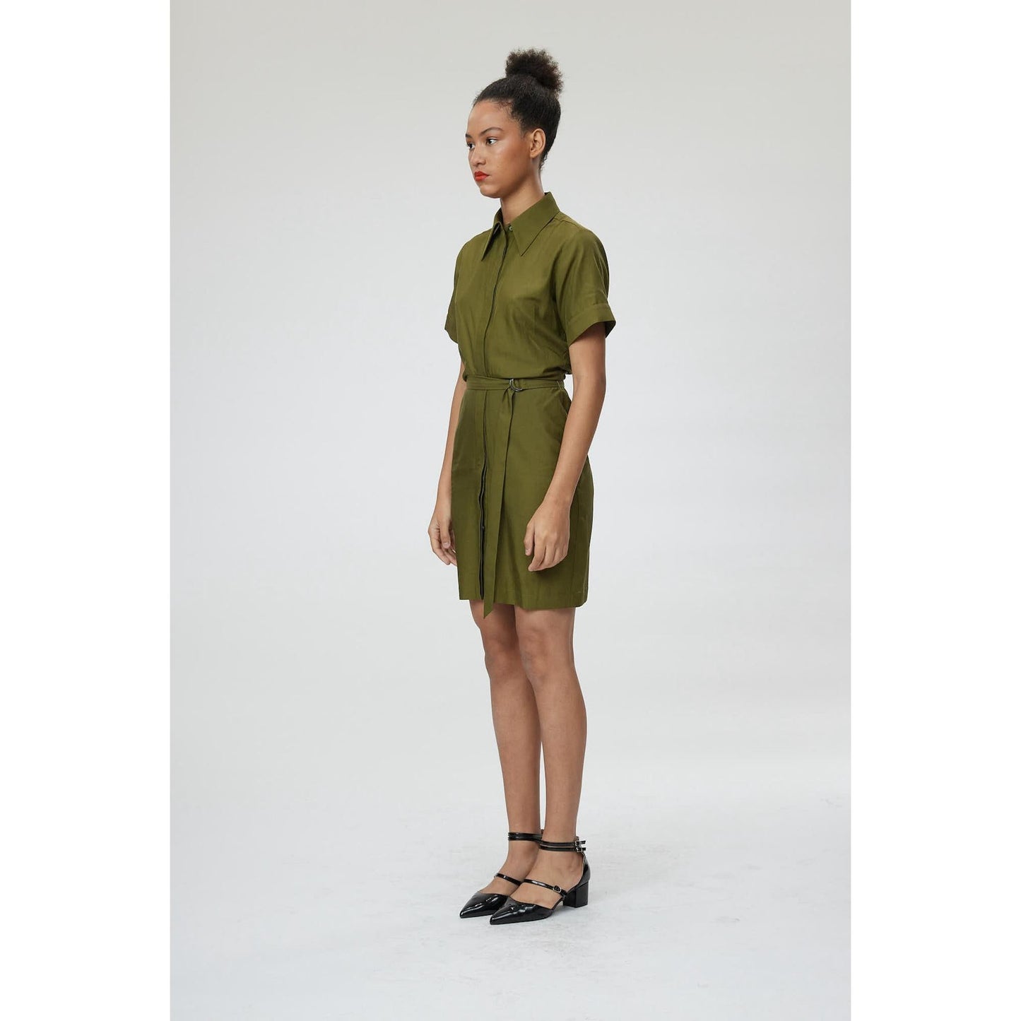 Women Matera Dress - Mini Shirt Dress in Olive Green