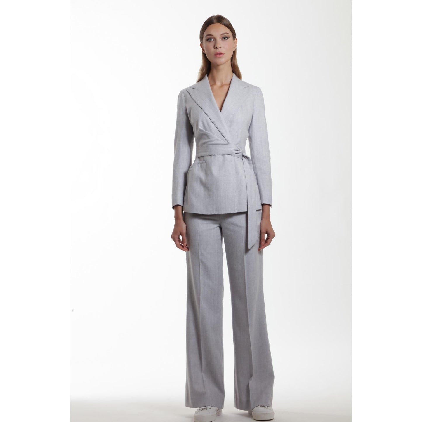 Women Avignon - Wool Wrap Jacket With Peaked Lapels in Sky Grey Herringbone