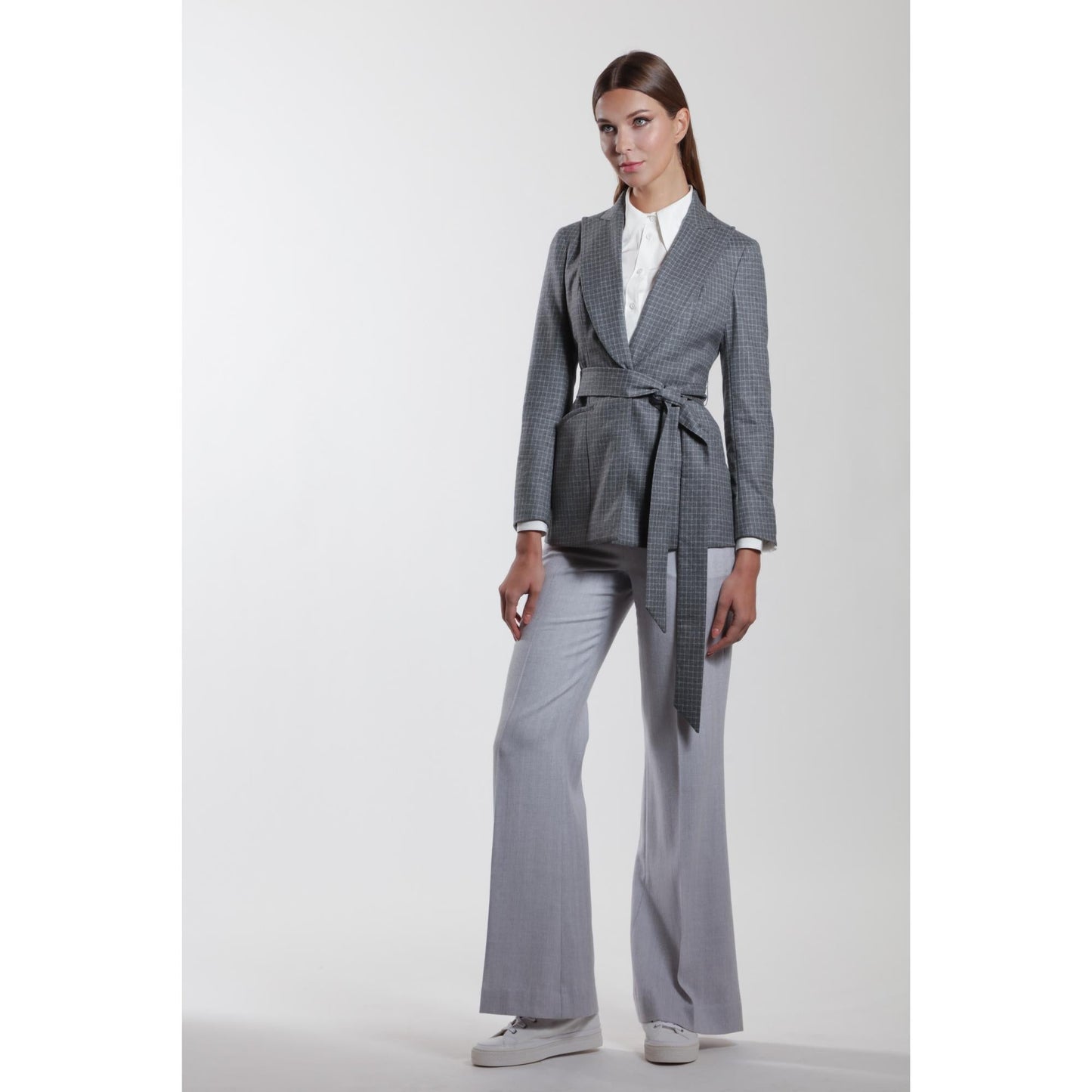 Women Montpellier Jacket - Wool Suit Jacket With Peaked Lapels in Grey Check