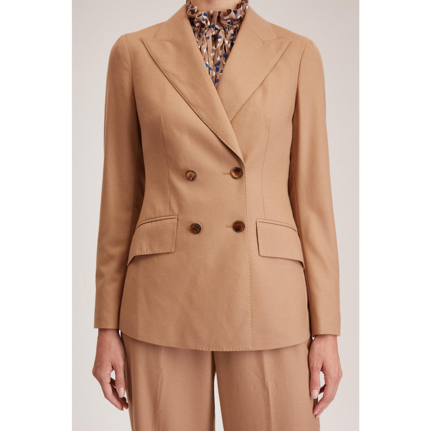 Women Norwich Jacket - Double Breasted Slim Fit Suit Jacket in Beige Wool
