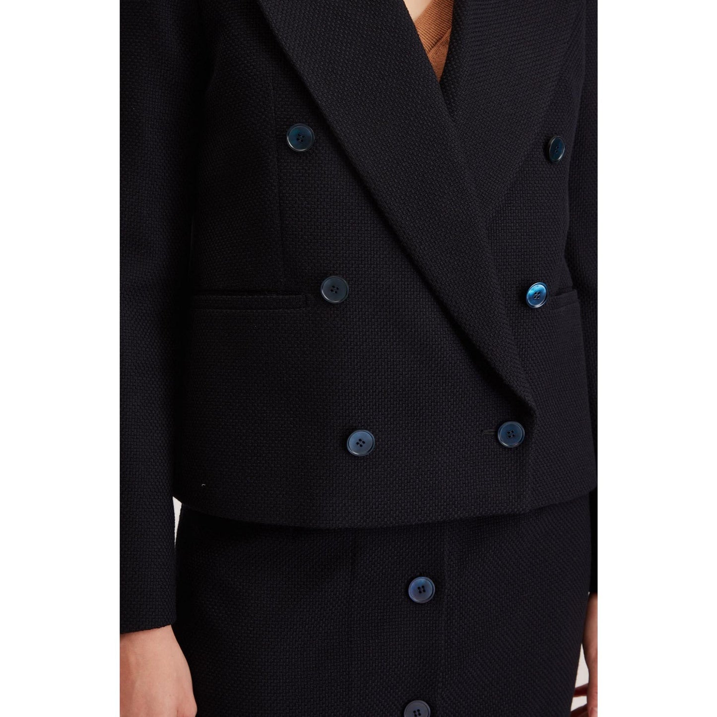 Women Oviedo Jacket - Double Breasted Suit Jacket in Navy Basketweave