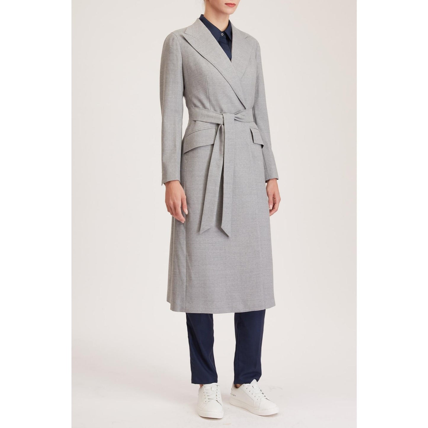 Women Darlington Jacket - Double Breasted Long Jacket in Light Grey Pure Wool