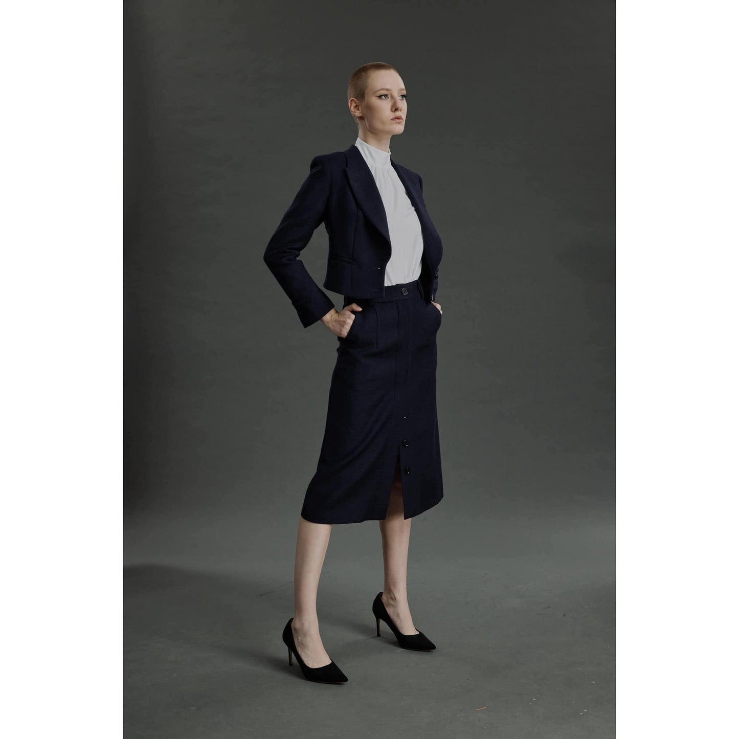 Women Barreiro Jacket - Short Jacket in Midnight Blue Basketweave Wool