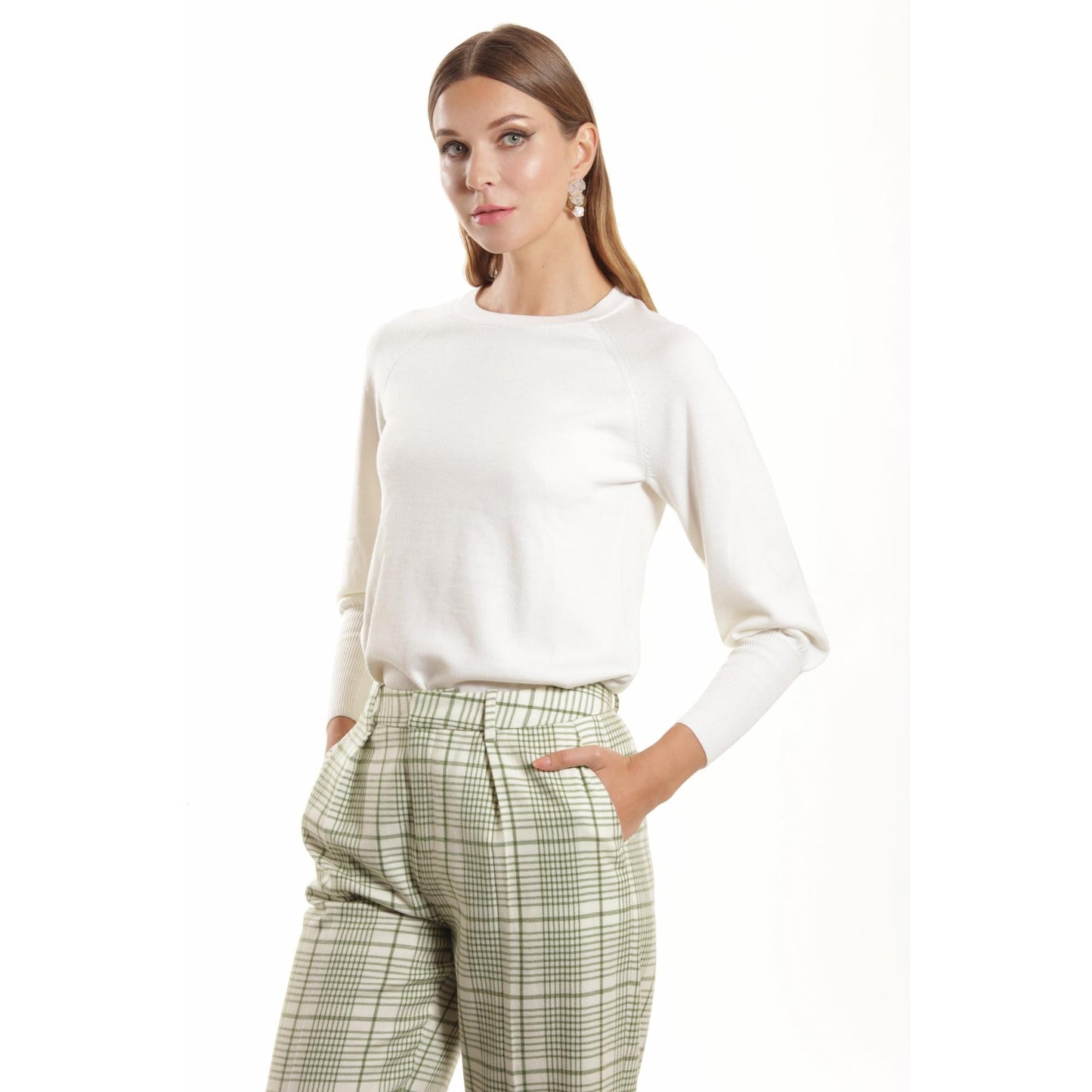Women Orleans - Long Blousing Sleeve Easy- Care-Wool Blouse With Crew Neck in White