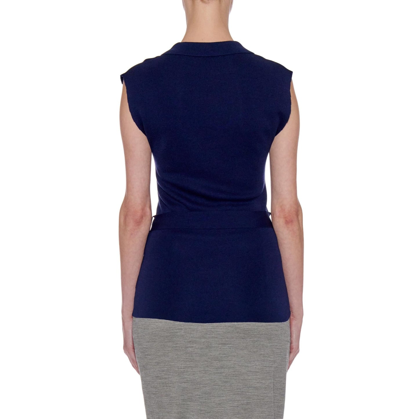Women Girona Top - Knit Open Collar Top With Belt - Navy
