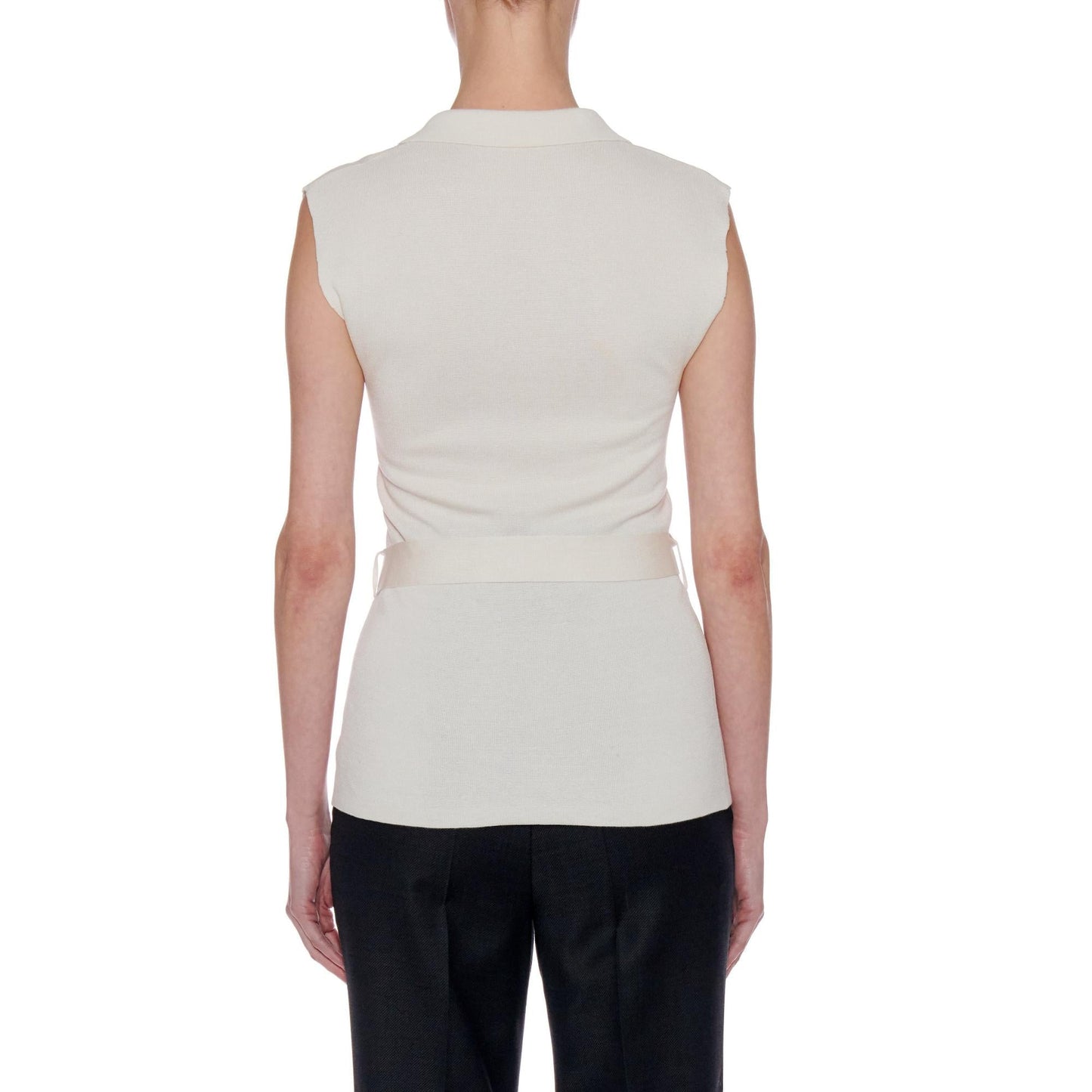 Women Girona Top - Knit Open Collar Top With Belt - White