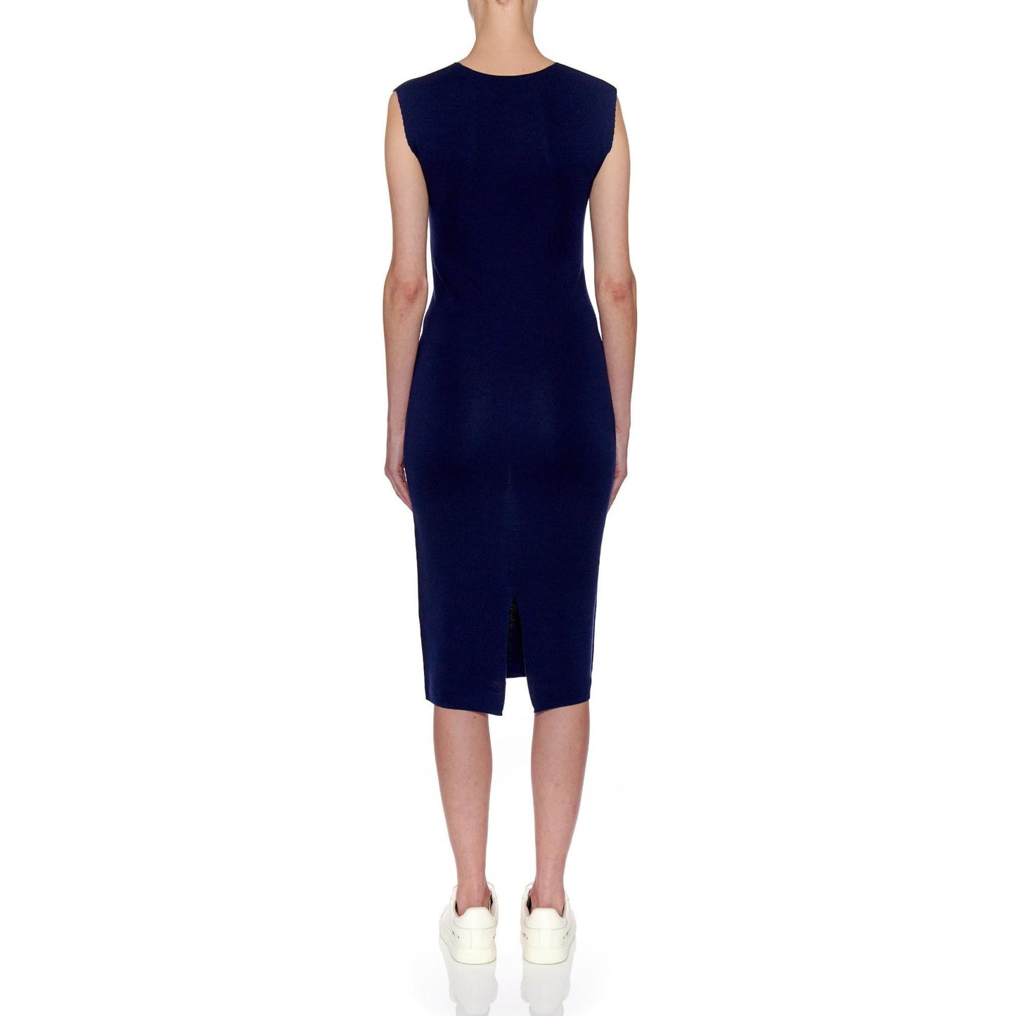 Women Seville Dress - Midi Plain Knit Silk Dress - Navy