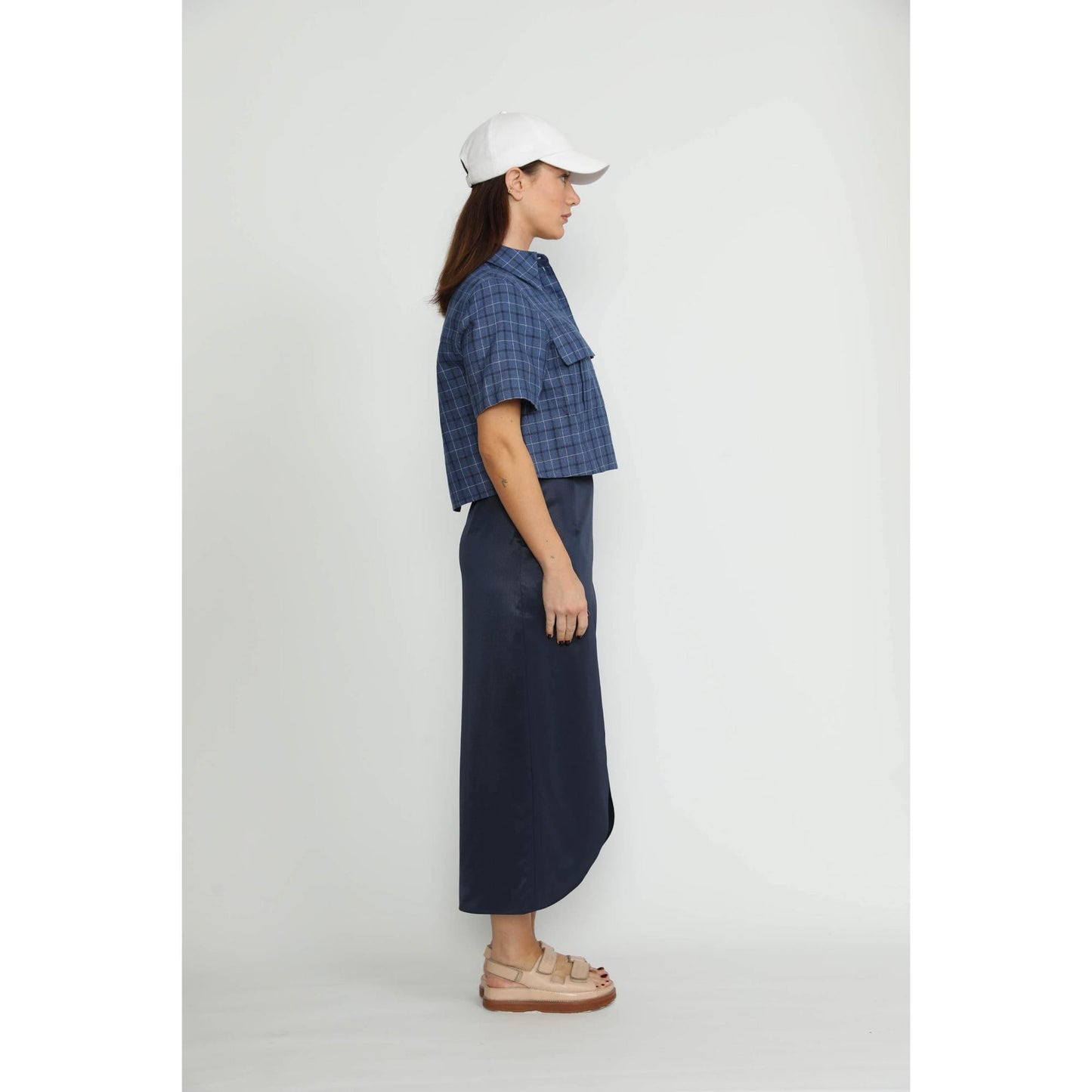 Women Littau Skirt - Littau Navy Satin Pinstripe Wrap Midi Skirt