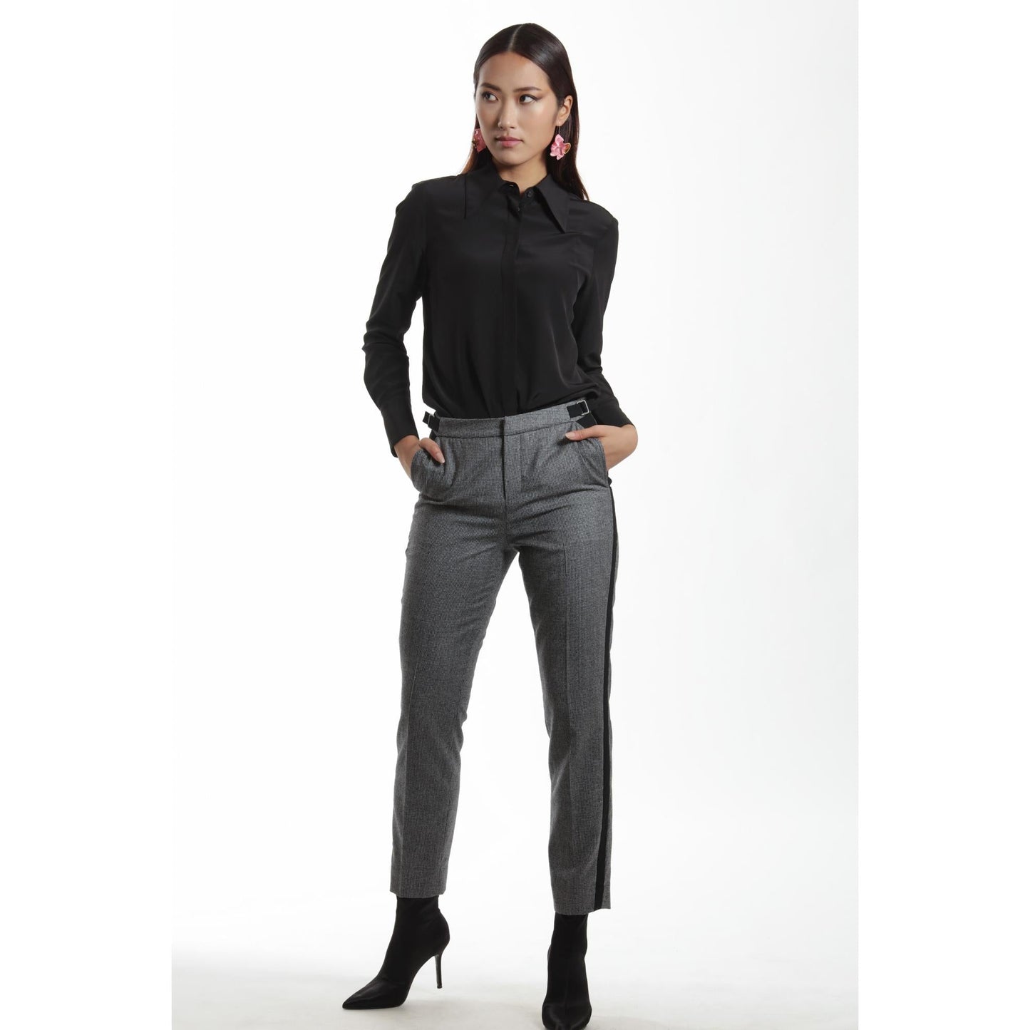 Women Lyon - High-Waisted Wool Trousers With Side Bars in Black And White Houndstooth