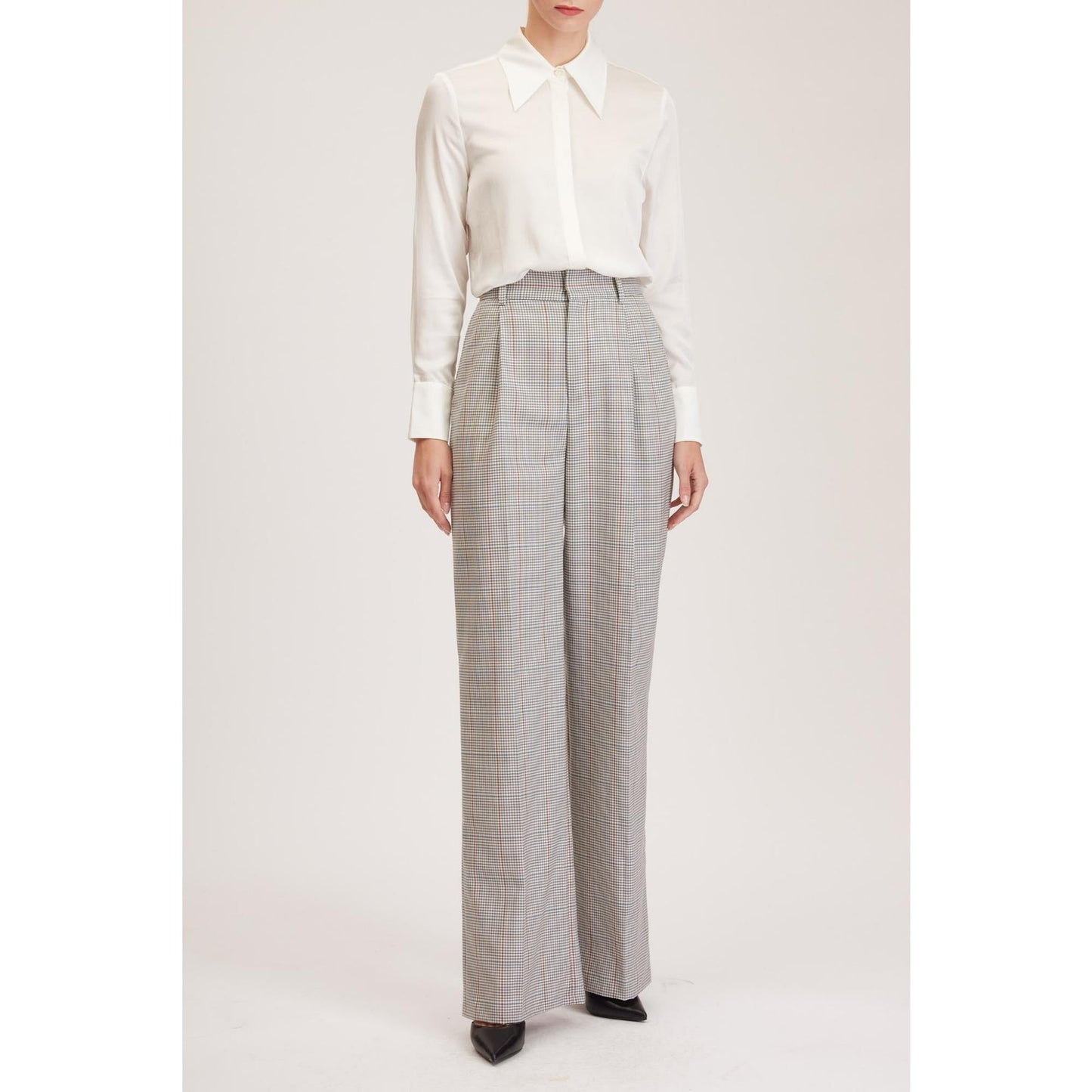 Women Almeria Trouser - Wide Leg, High Waisted Trousers in Light Grey Tartan