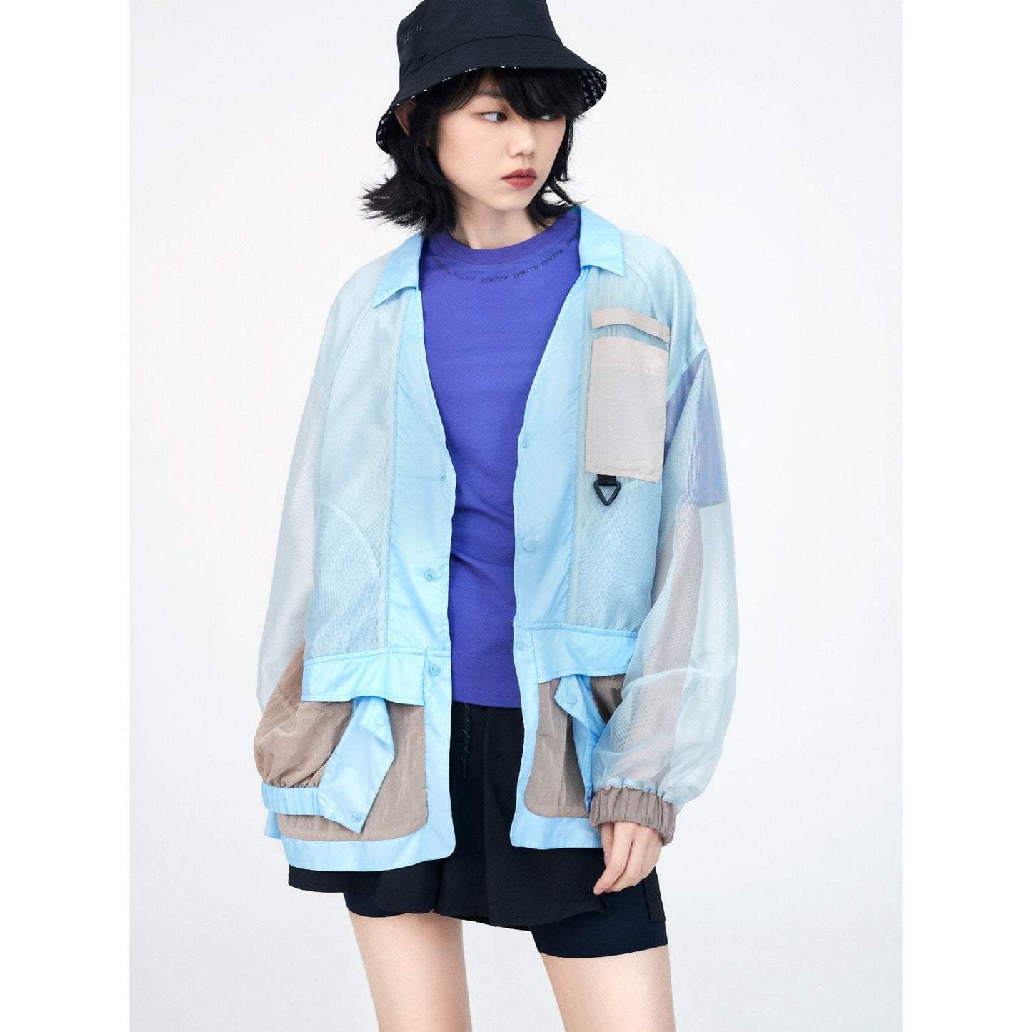 Women See Through Oversize Military Jacket - Light Blue