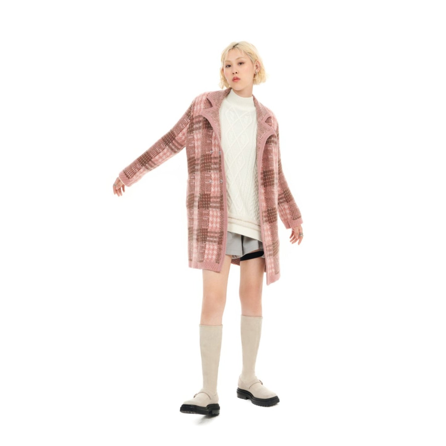 Women Jacquard Checkers Tailored Cardigan - Checkered
