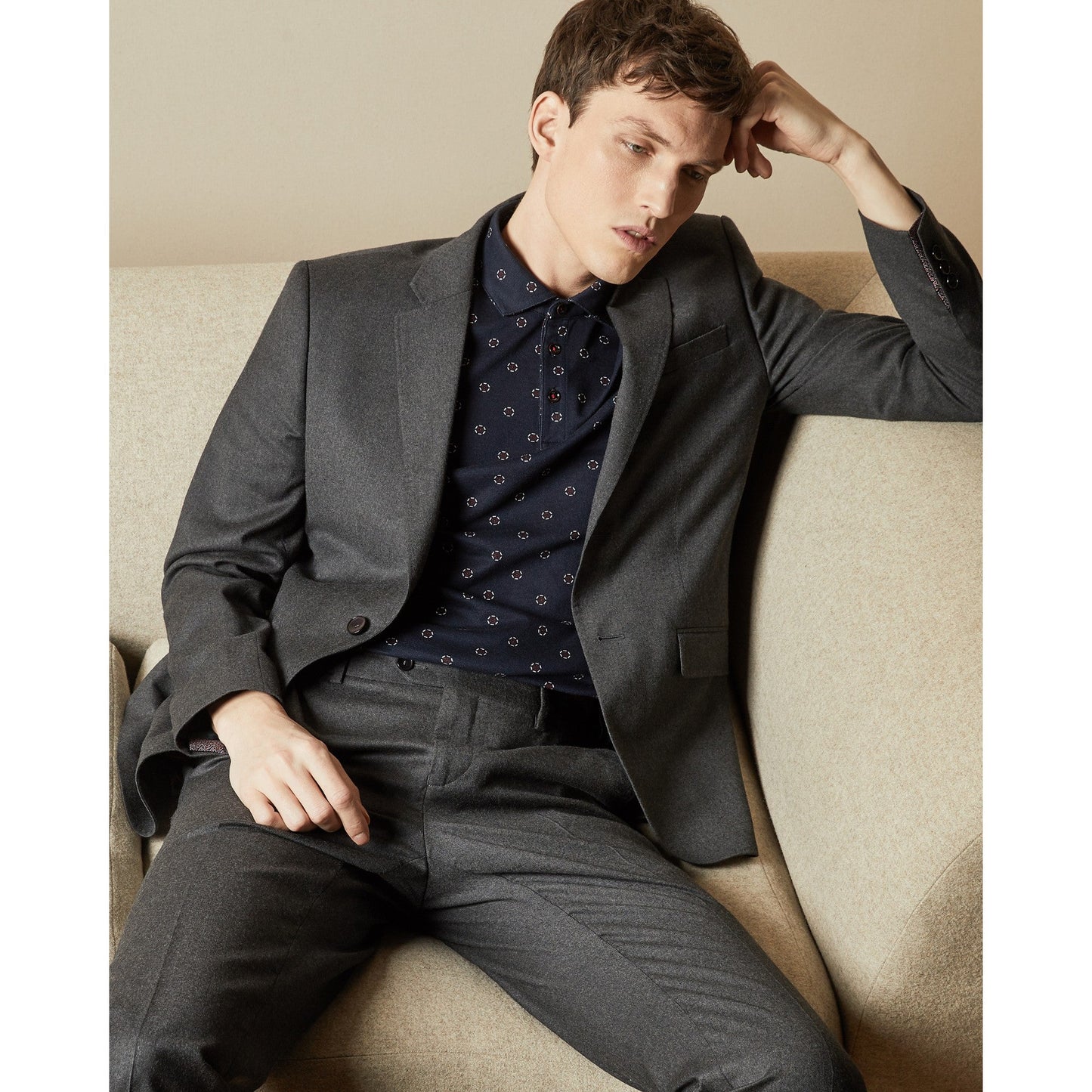 男士 Geo 印花混合短袖紋理 Polo 衫 - 深海軍藍