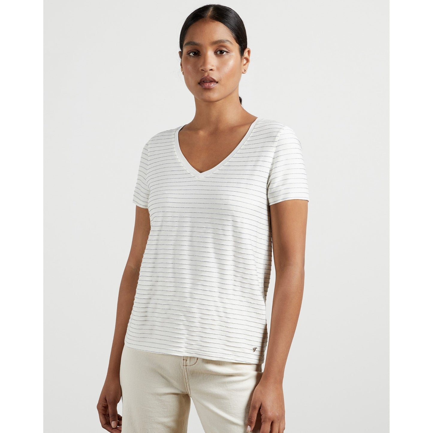 Women Giianai-V Neck Relaxed Striped Tee - Ivory