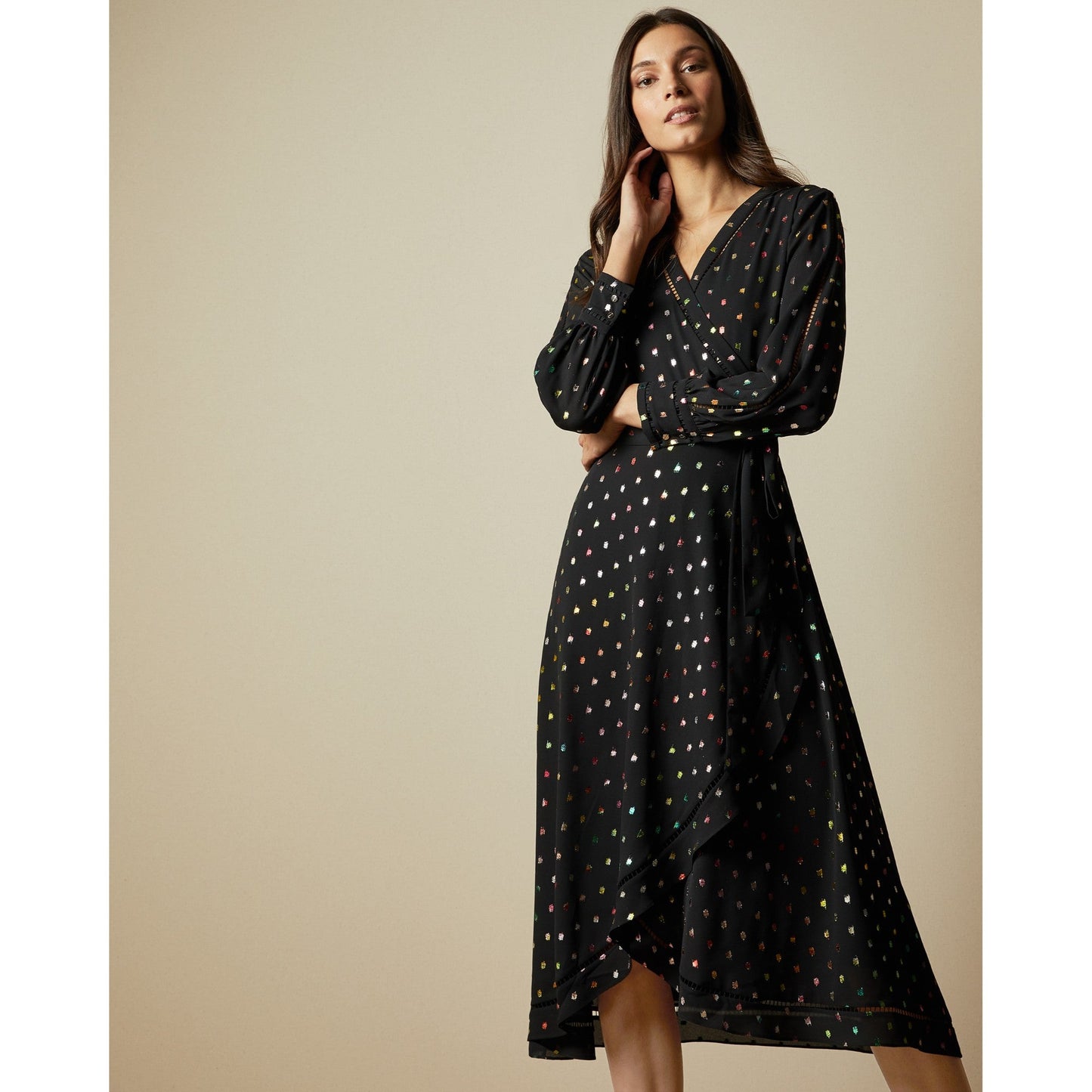 Women Tanise-Long Sleeve Metallic Fleck Wrap Dress - Black