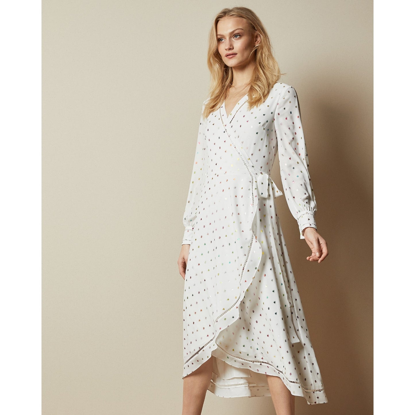 Women Tanise-Long Sleeve Metallic Fleck Wrap Dress - Ivory