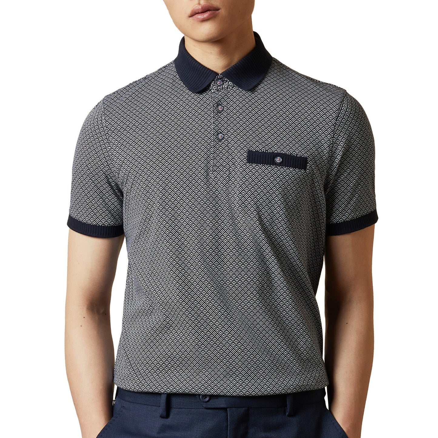 Men Sculpt-Geo Printed Ss Polo - Navy