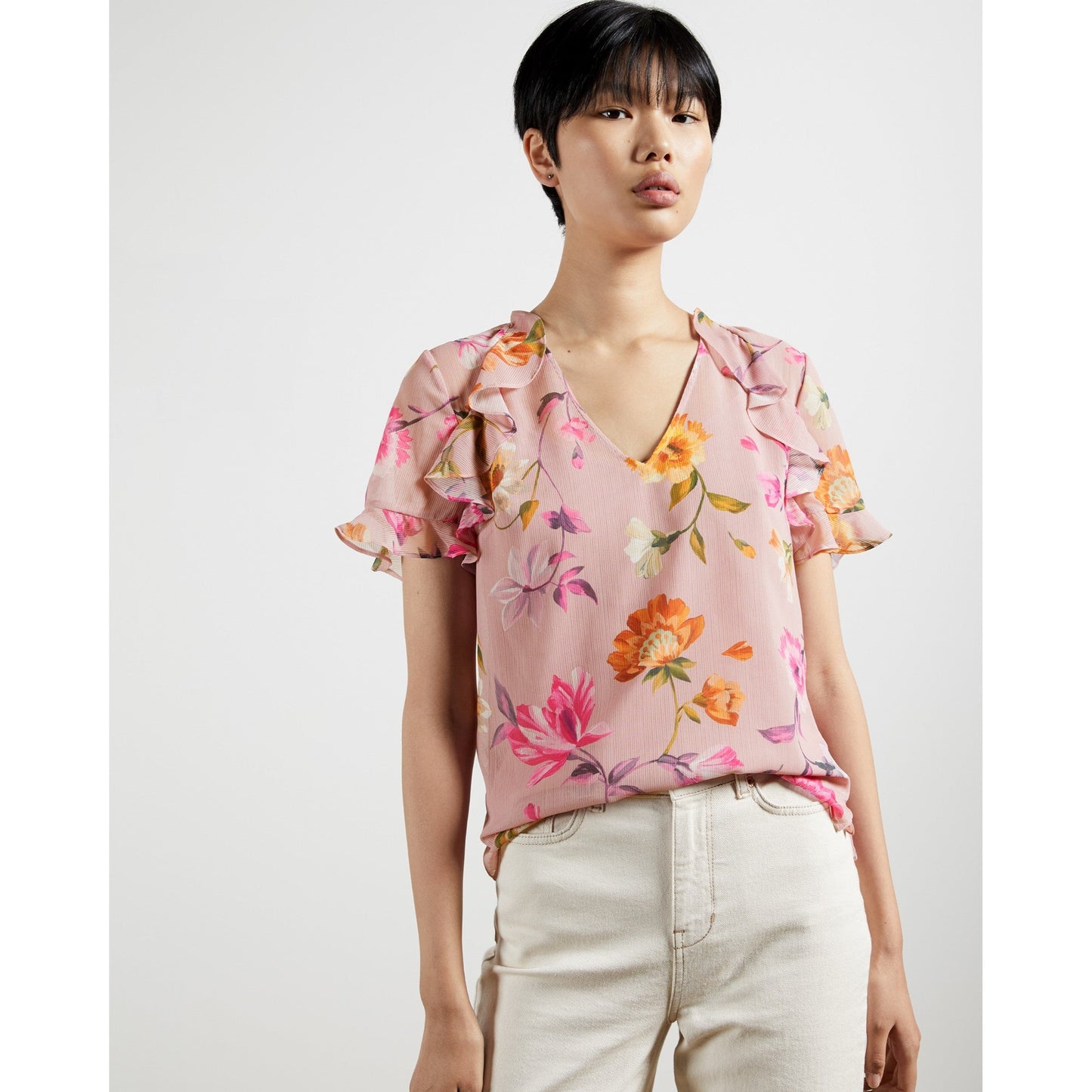 Women Estelee-Rhubarb V Neck Frilled Top - Natural