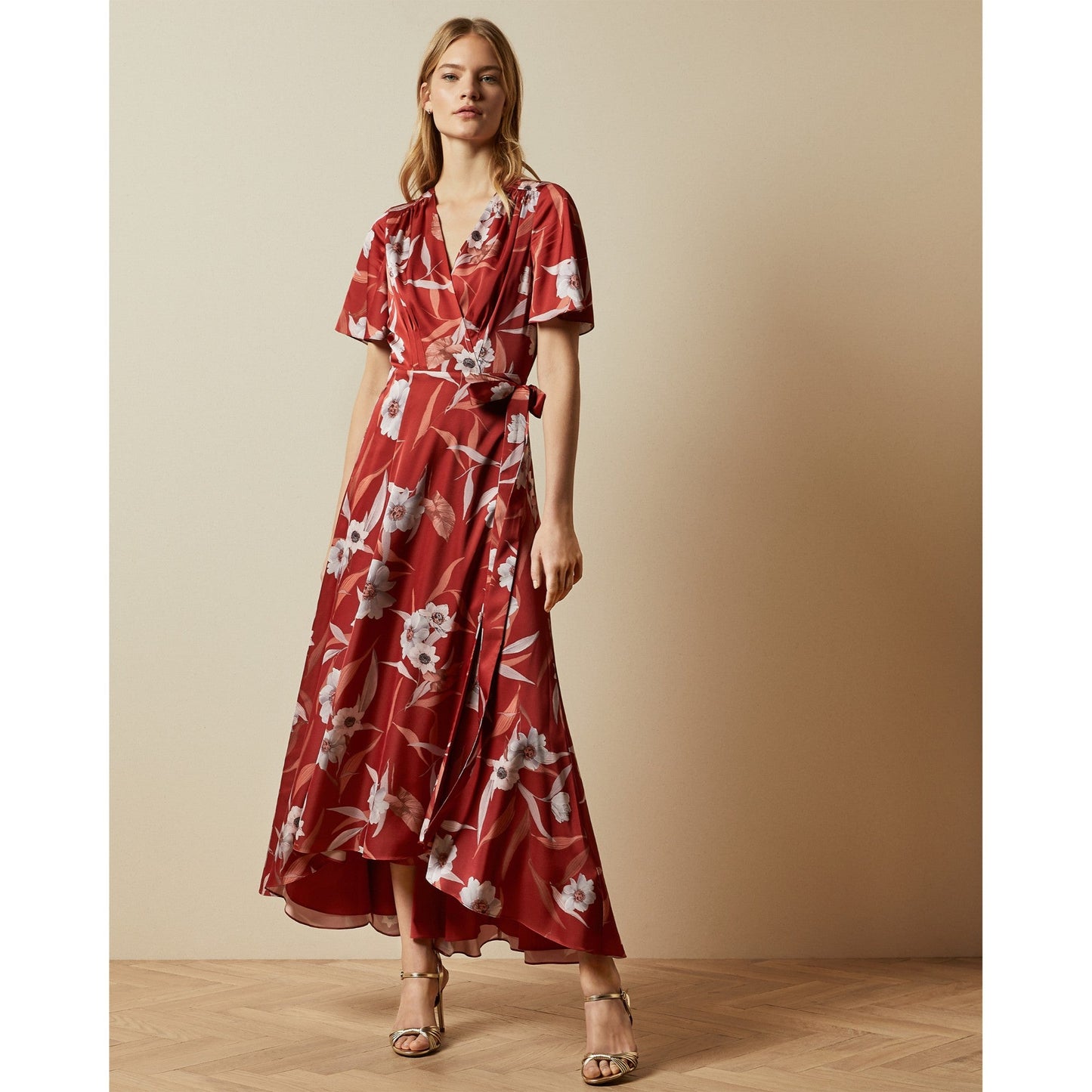 Women Errika-Red Cabana Dip Hem Wrap Dress - Dark-Brown