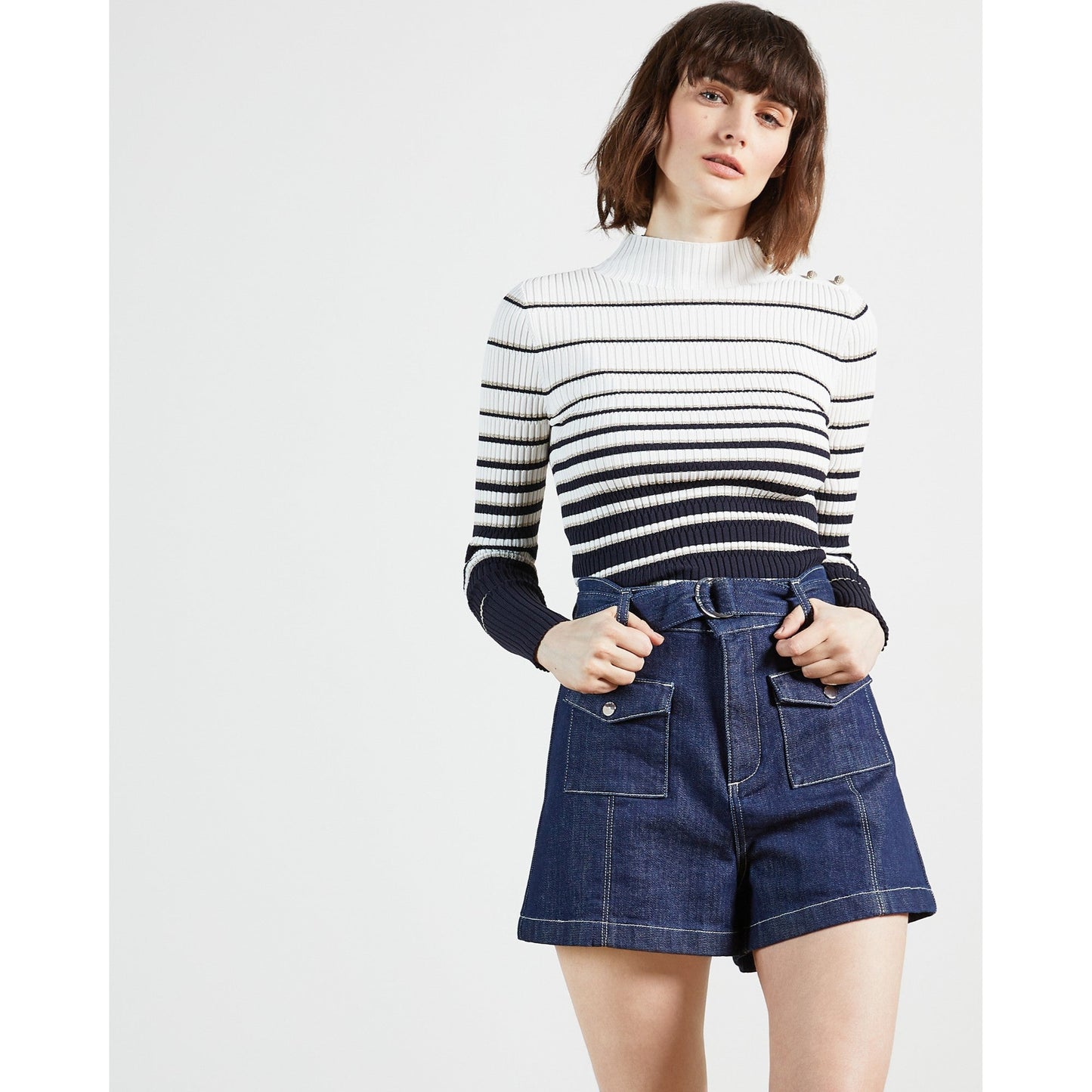 Women Shortan-D-Ring Patch Pocket Denim Short - Navy