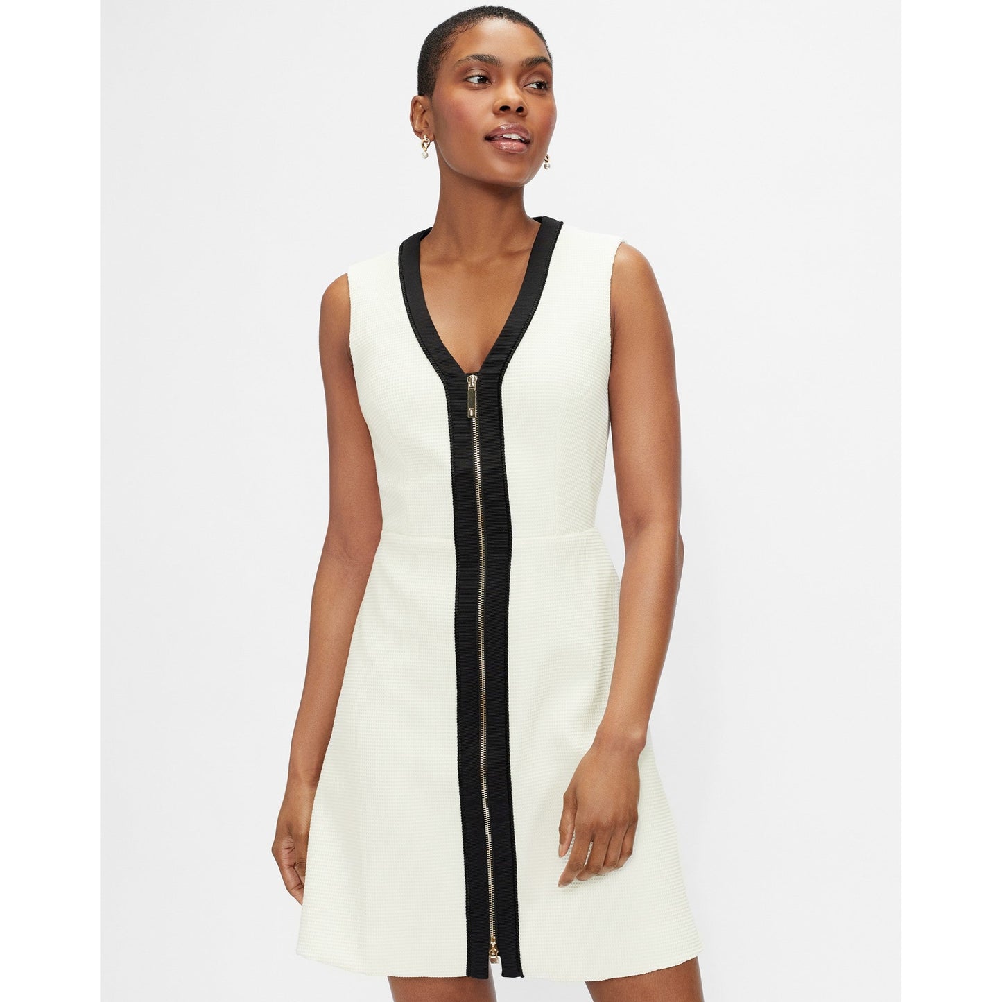 Women Ellfad-Monochrome Textured V Neck Dress - White