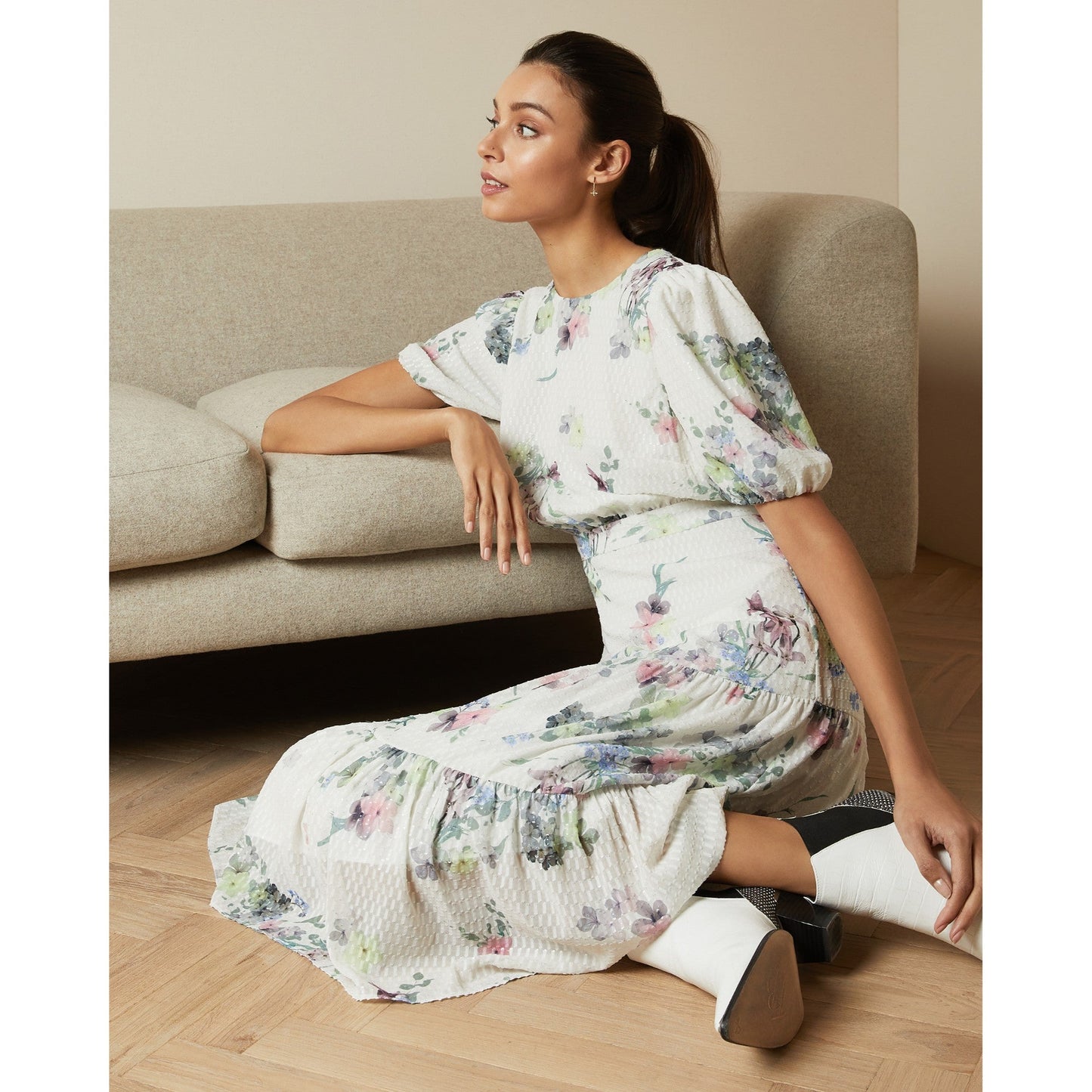 Women Grove-Puff Sleeve Pergola Midi Dress - Ivory
