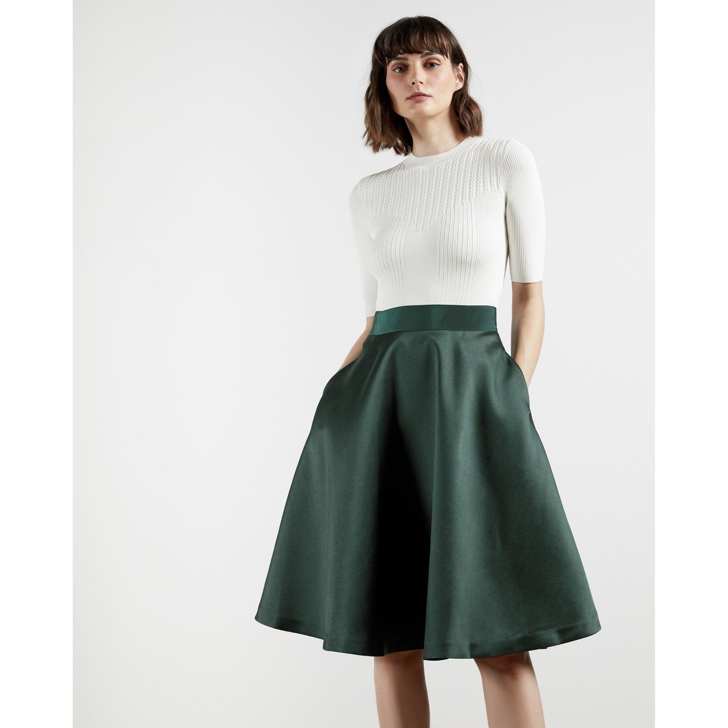 Women Betsiyy-Stitch Detail Full Skirted Dress - Dark-Green