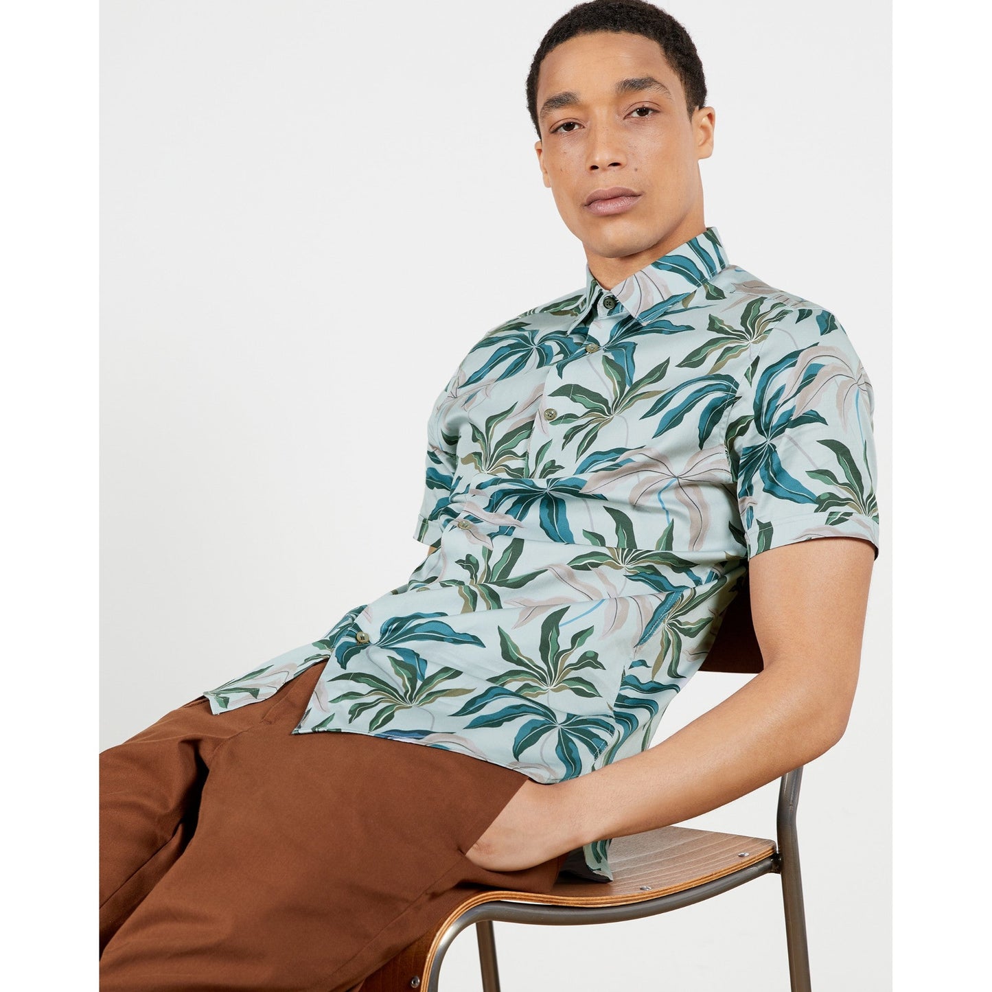 Men Basel-Ss Palm Leaf Print Shirt - Blue