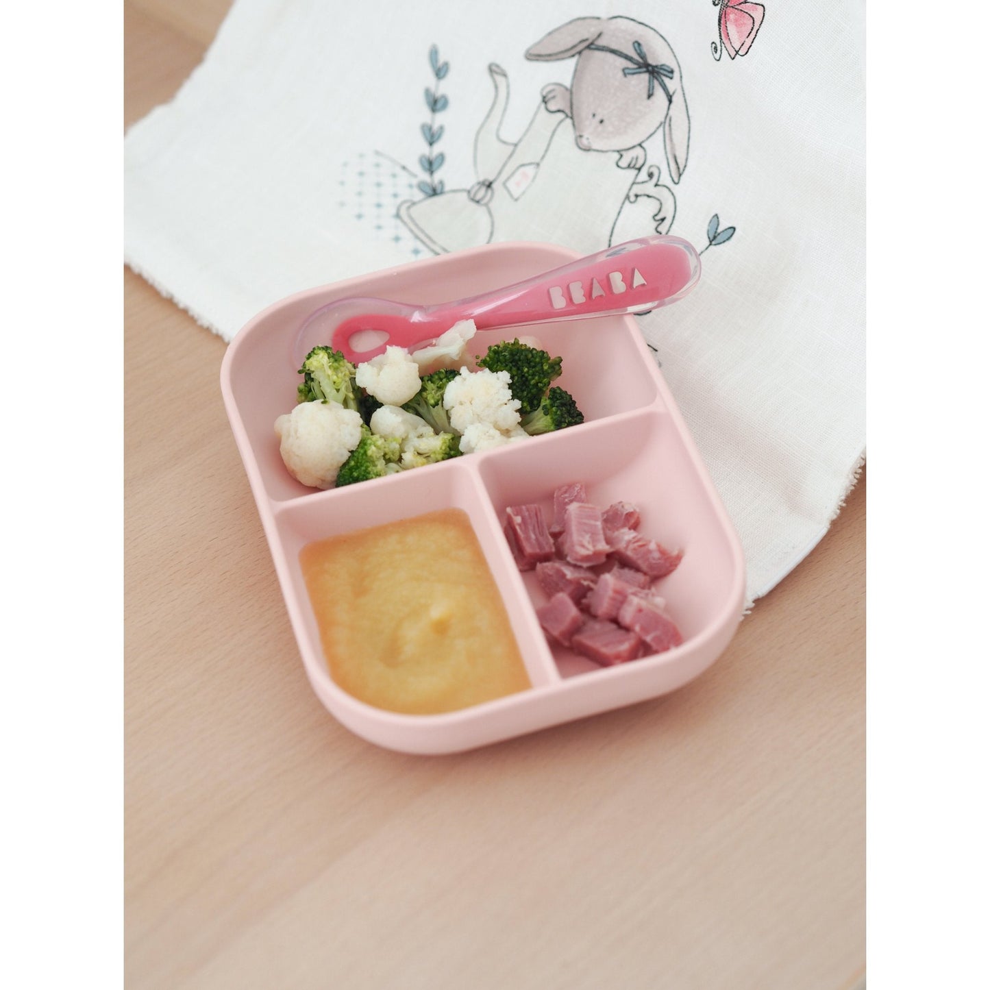 Silicone Suction Divided Plate + 2nd Stage Spoon - Pink
