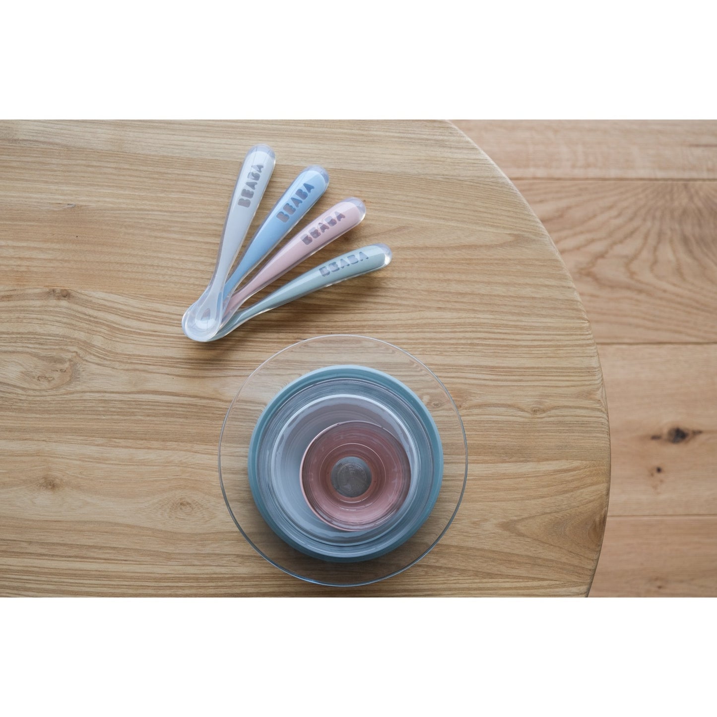 Set of 4 Ergonomic 1st Stage Silicone Spoons - Eucalyptus (Assorted Colors Windy Blue/Eucalyptus Green/Light Mist/Old Pink)