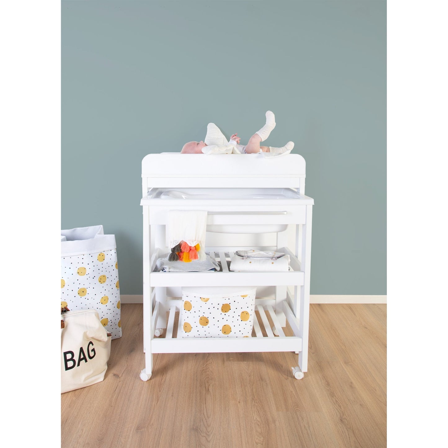 Foldable Canvas Storage Basket 32x32x29 cm - WHITE GOLD DOTS