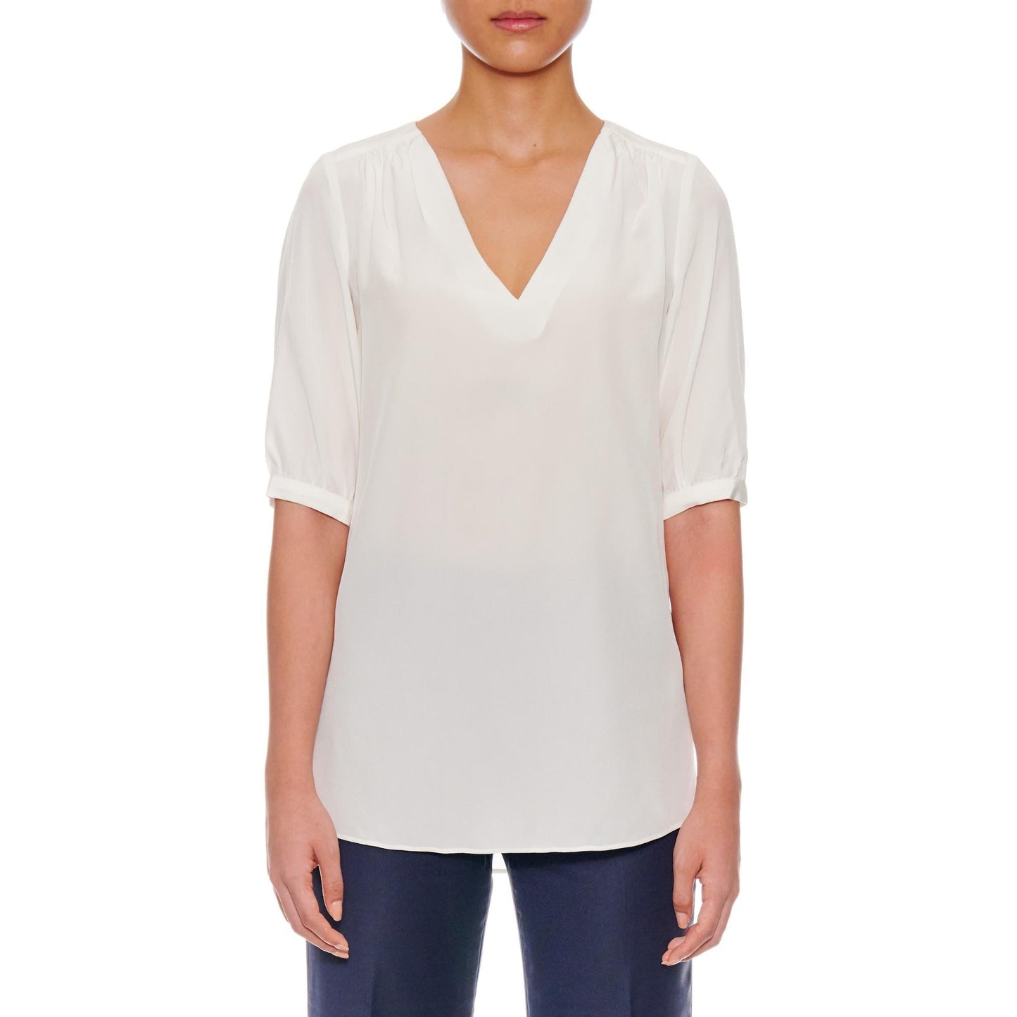 Women Cannes Blouse - Relaxed Fit V-Neck Silk Crepe Blouse - White