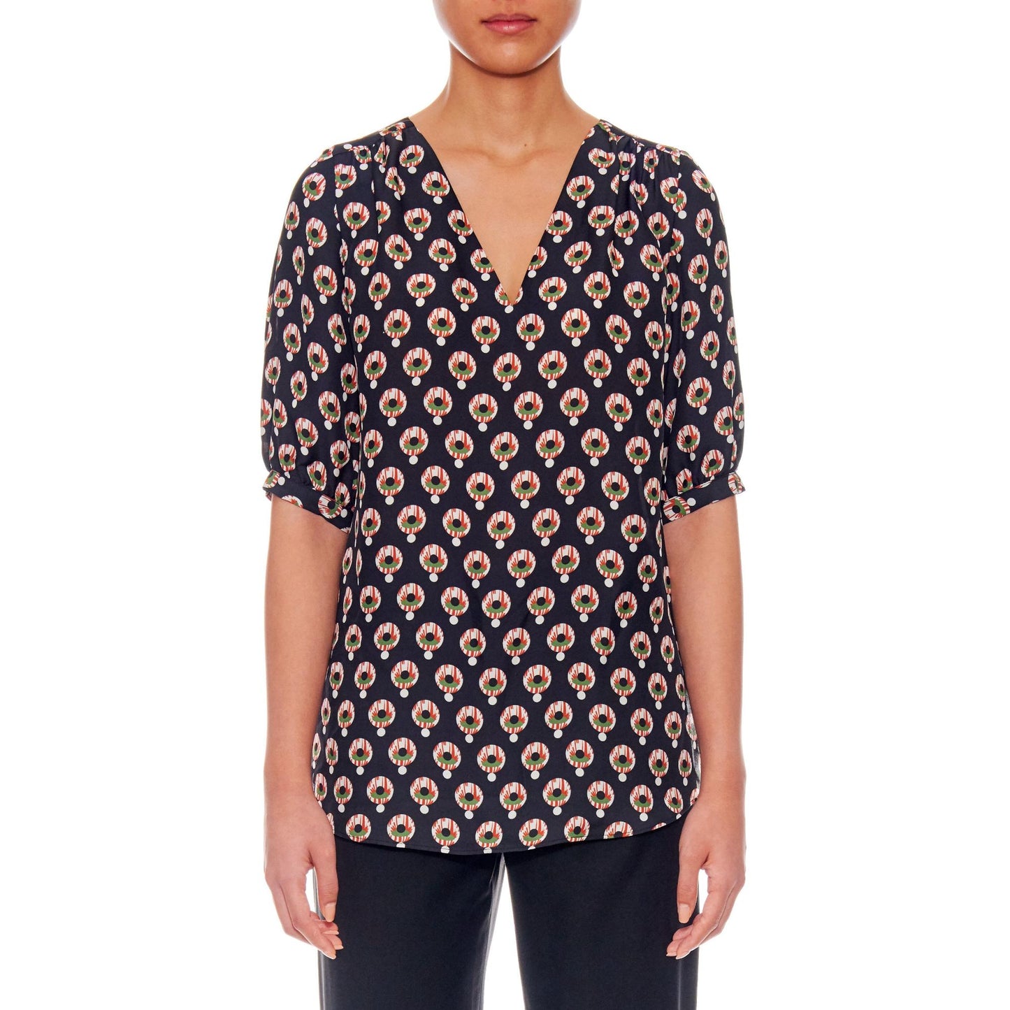 Women Cannes Blouse - Relaxed Fit V-Neck Silk Crepe Blouse - Black print