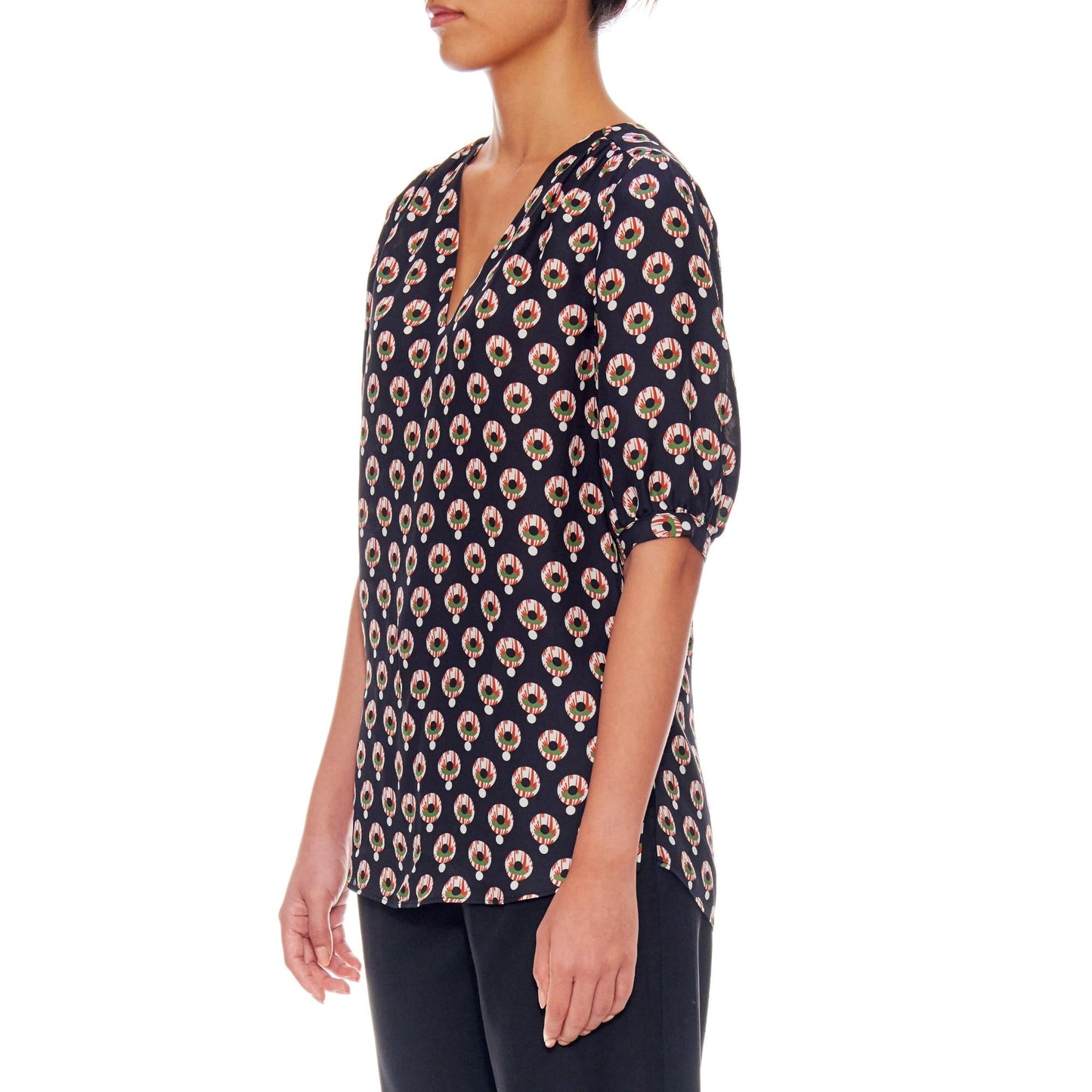 Women Cannes Blouse - Relaxed Fit V-Neck Silk Crepe Blouse - Black print