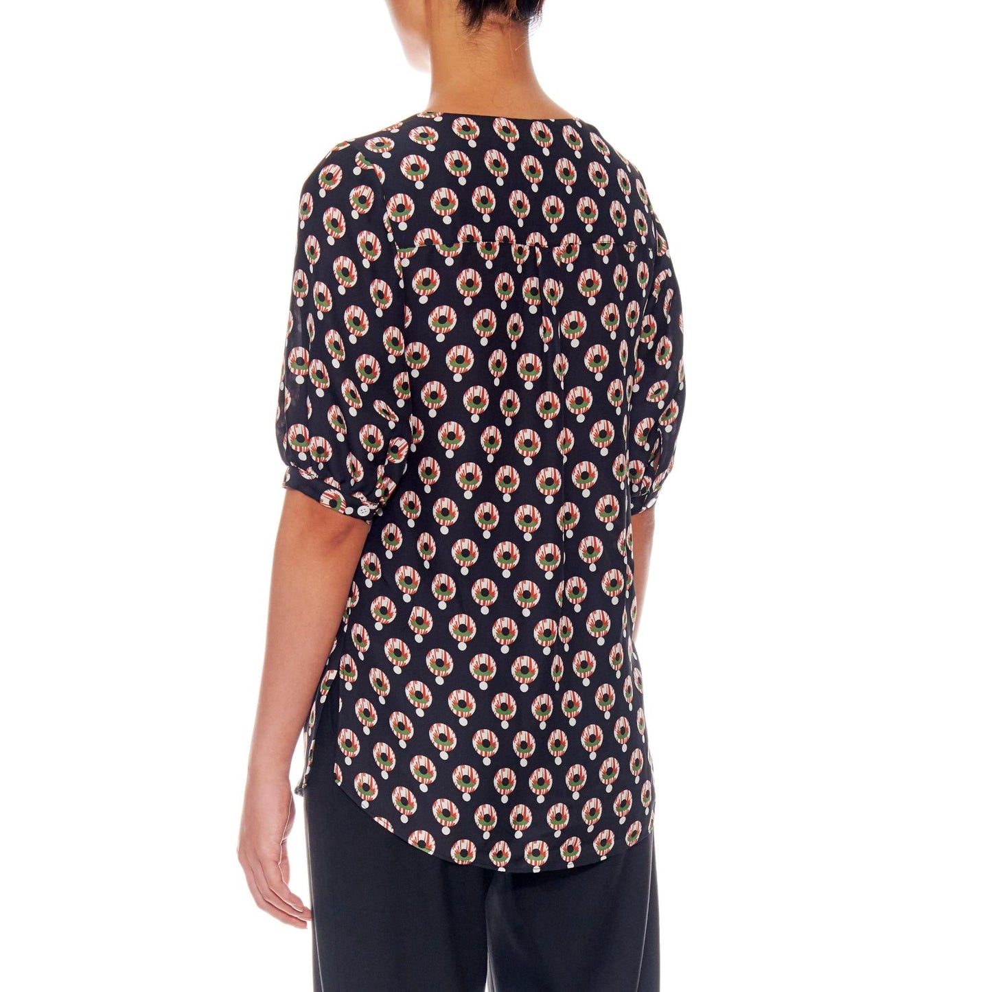 Women Cannes Blouse - Relaxed Fit V-Neck Silk Crepe Blouse - Black print
