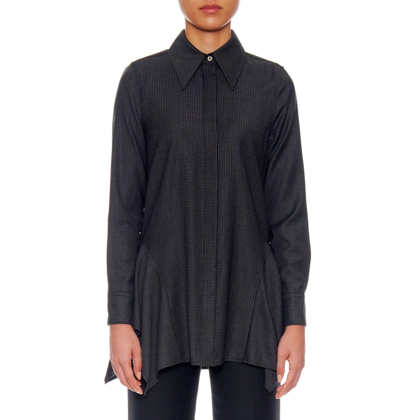 Women Tulle Blouse - Button-Up Blouse With A Side Drapes - Black/Grey