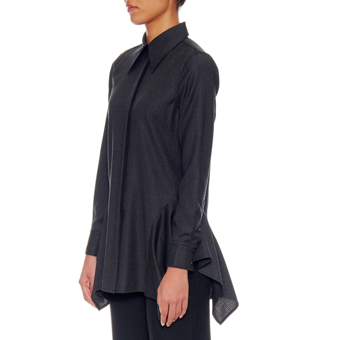 Women Tulle Blouse - Button-Up Blouse With A Side Drapes - Black/Grey
