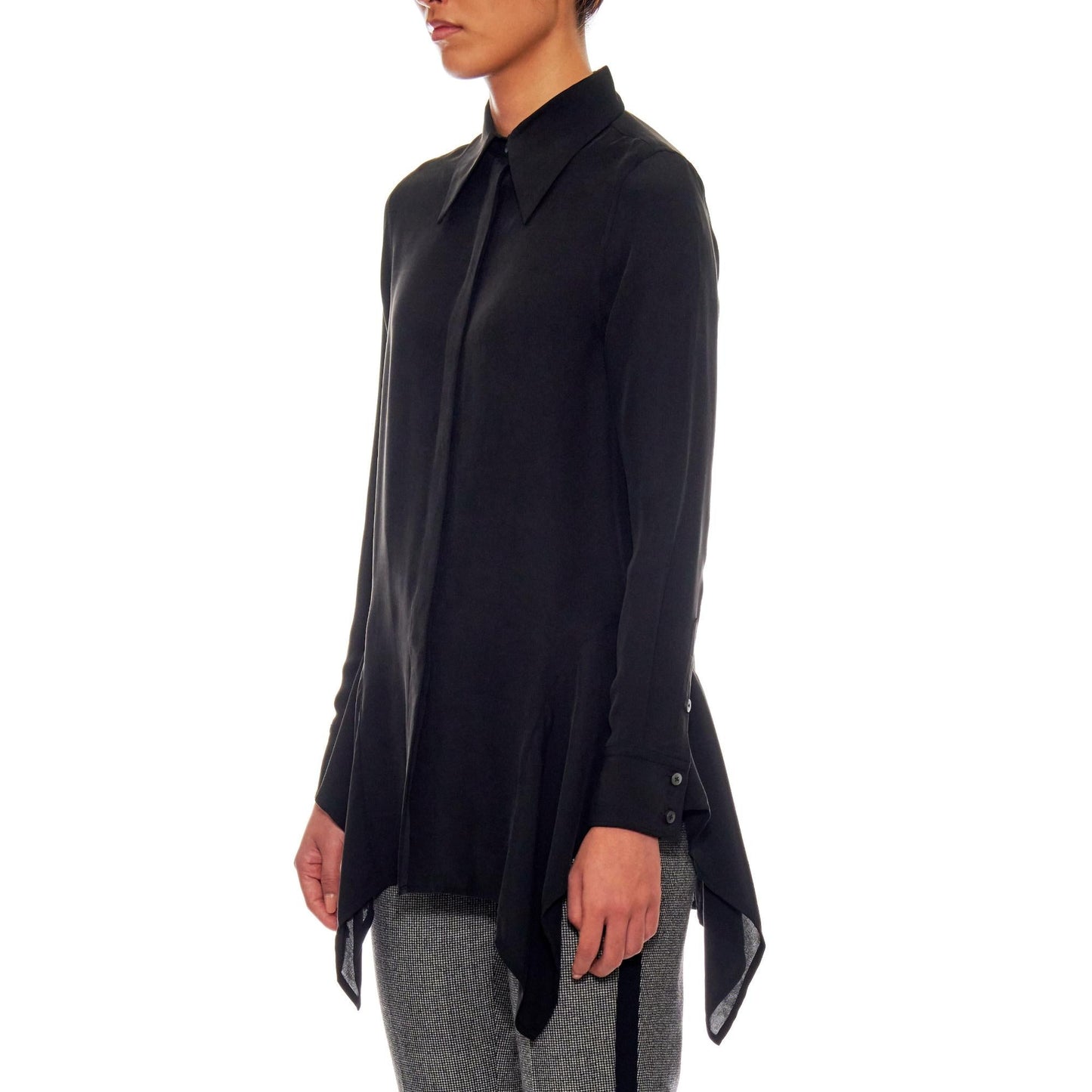 Women Tulle Blouse - Button-Up Blouse With A Side Drapes in Ash Black