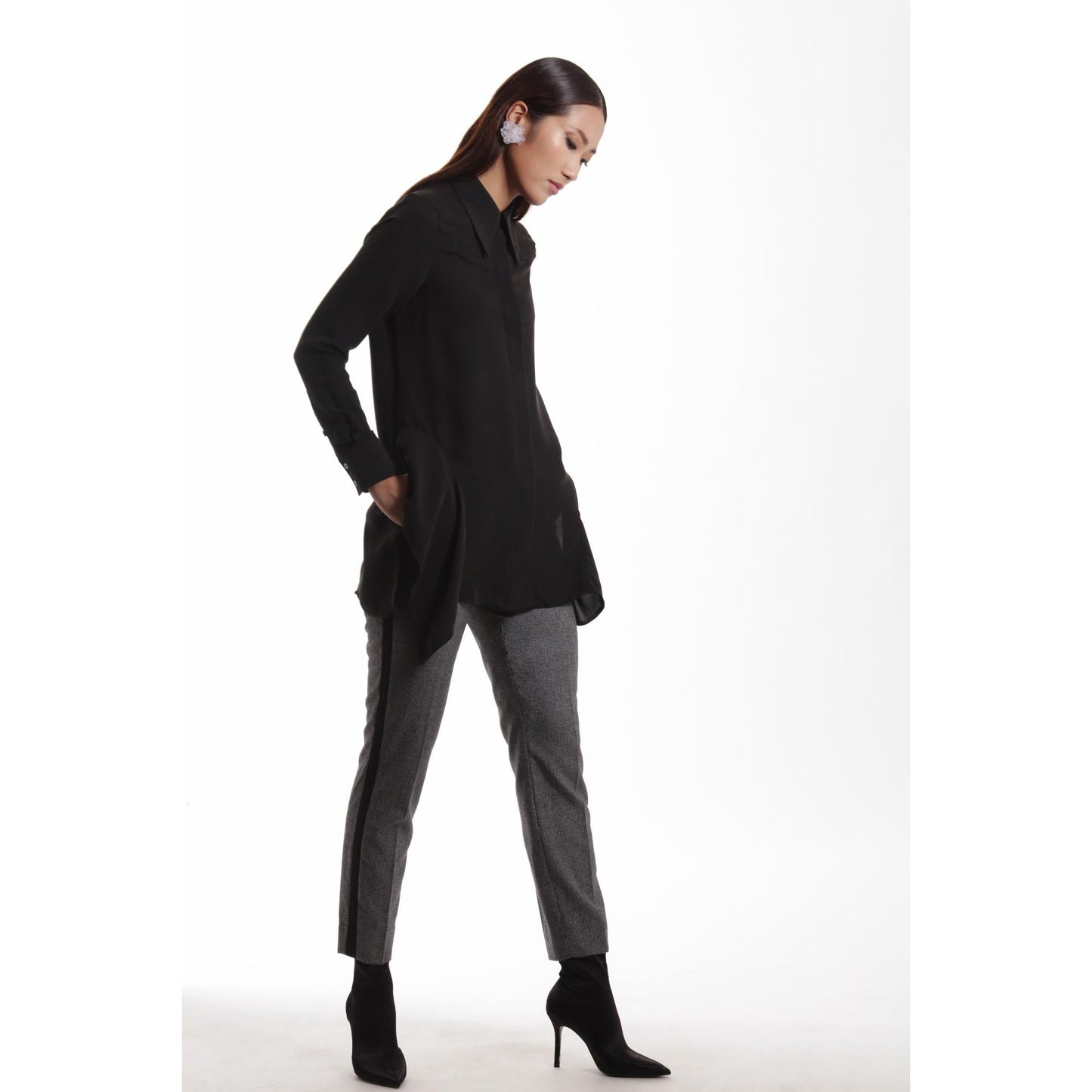 Women Tulle Blouse - Button-Up Blouse With A Side Drapes in Ash Black