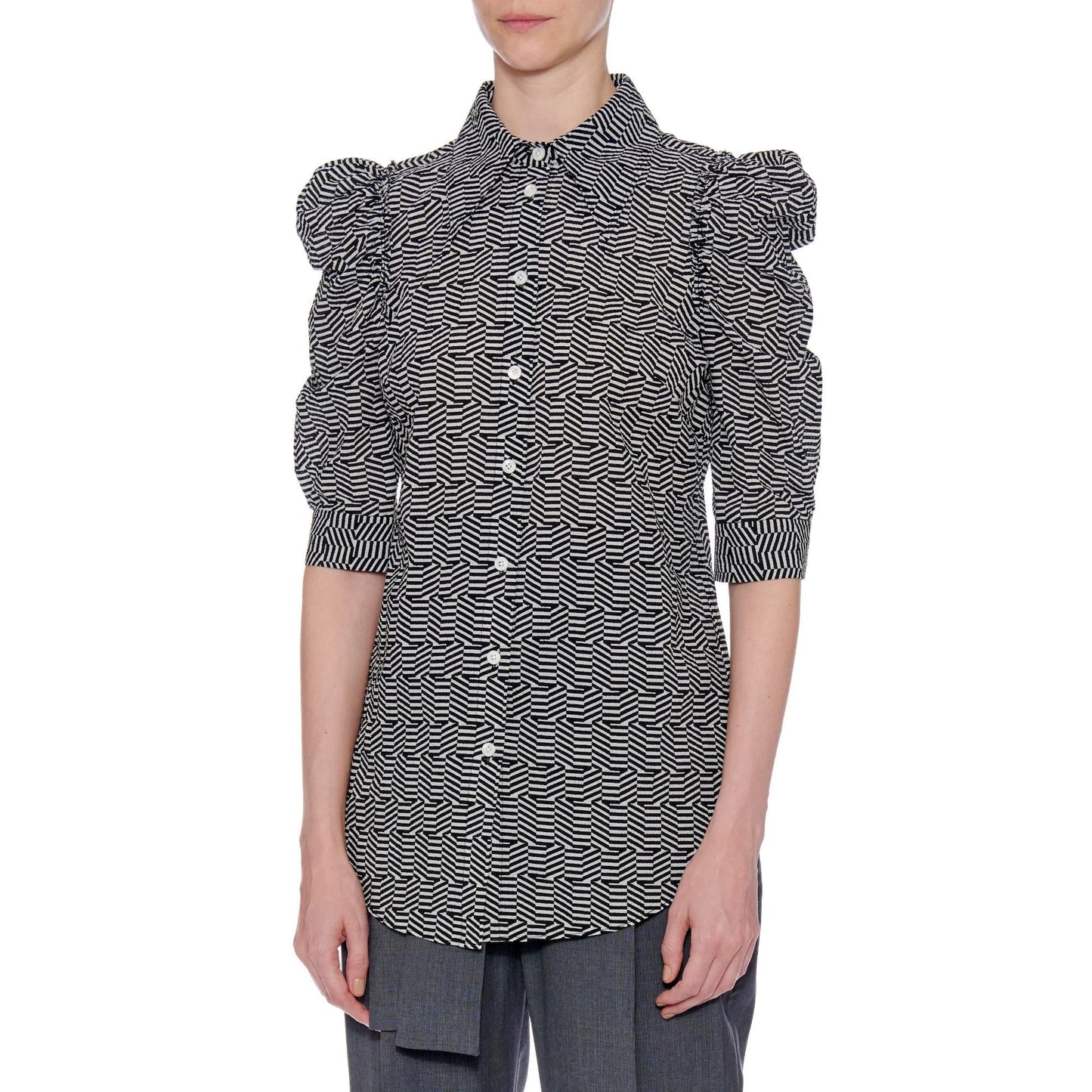 Women Andalusia Blouse - Short Puffed Sleeve Button Down Blouse in A Print - Black