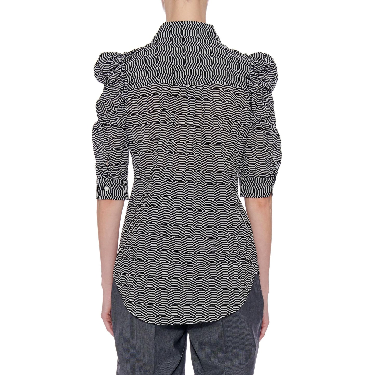 Women Andalusia Blouse - Short Puffed Sleeve Button Down Blouse in A Print - Black