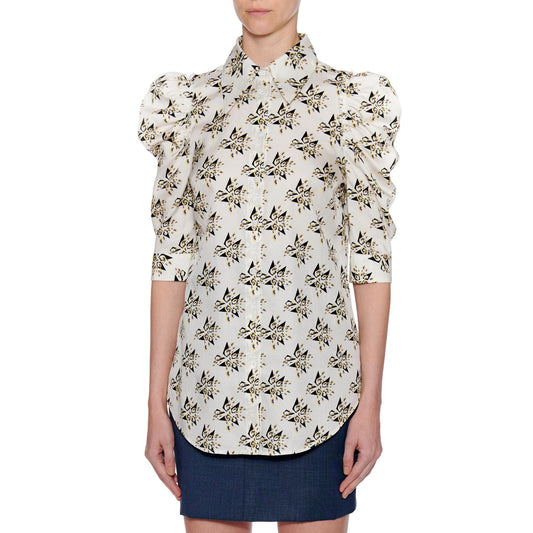 Women Andalusia Blouse - Short Puffed Sleeve Button Down Blouse in A Print - Print Yellow
