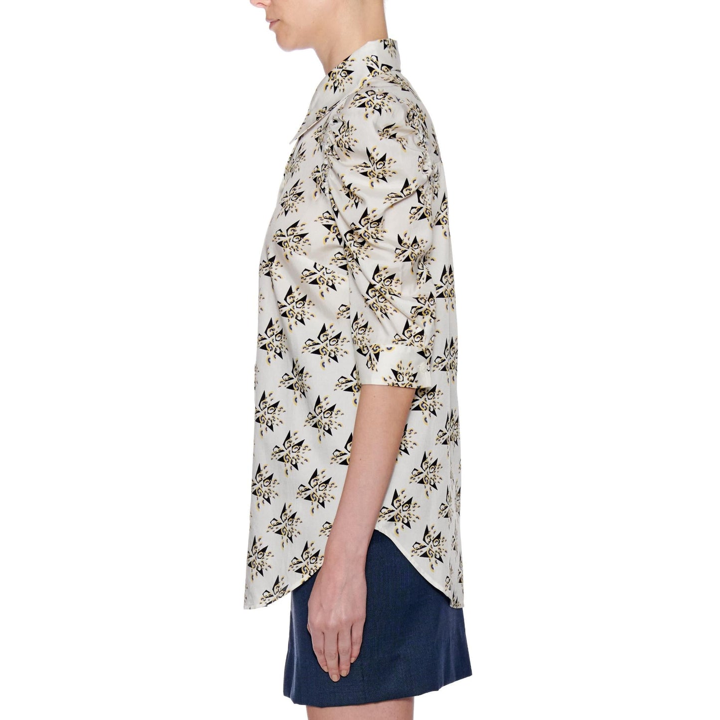 Women Andalusia Blouse - Short Puffed Sleeve Button Down Blouse in A Print - Print Yellow