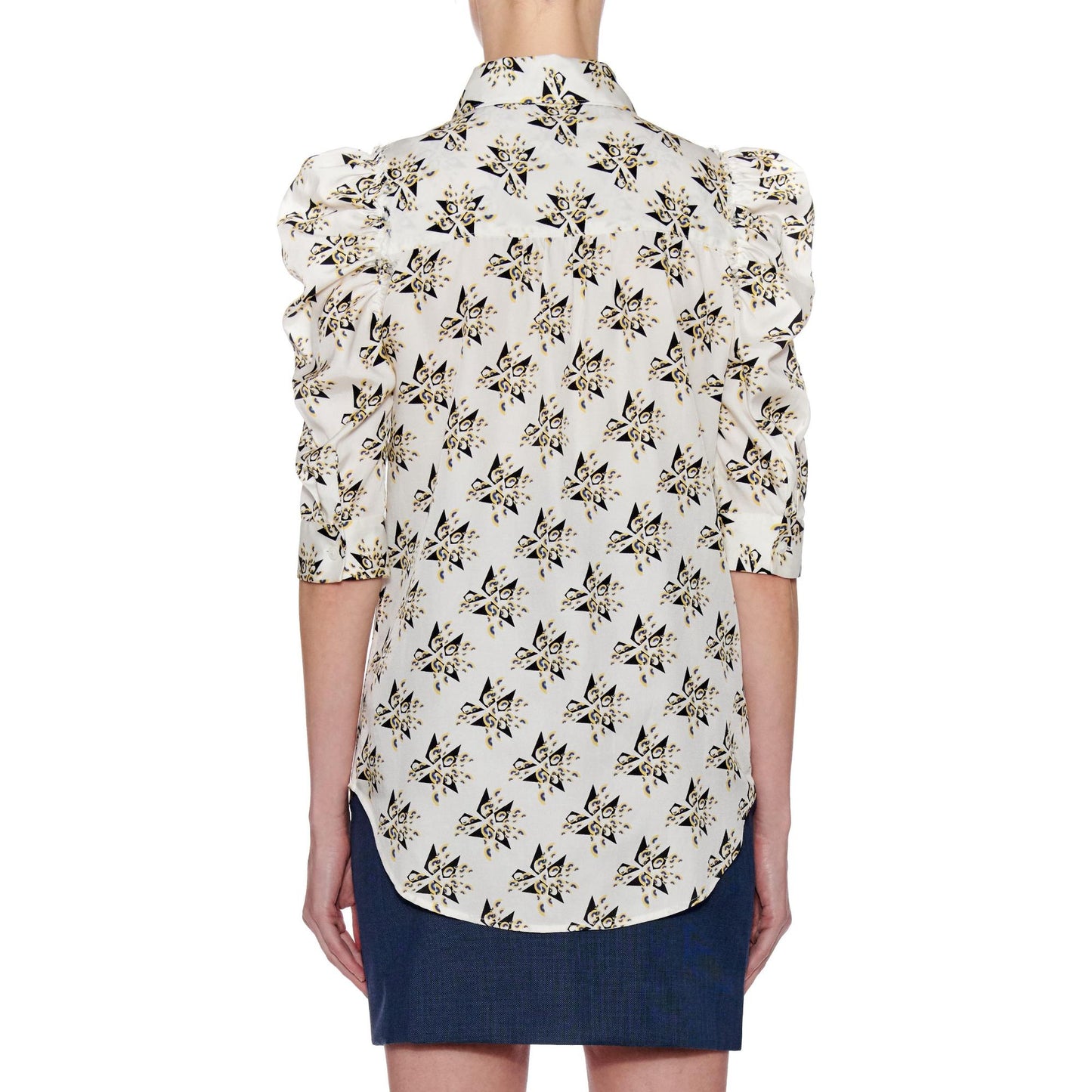 Women Andalusia Blouse - Short Puffed Sleeve Button Down Blouse in A Print - Print Yellow